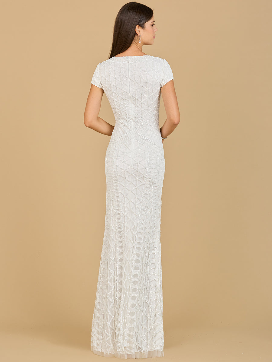 Beaded V-Neckline Dress with Cap Sleeves 51141