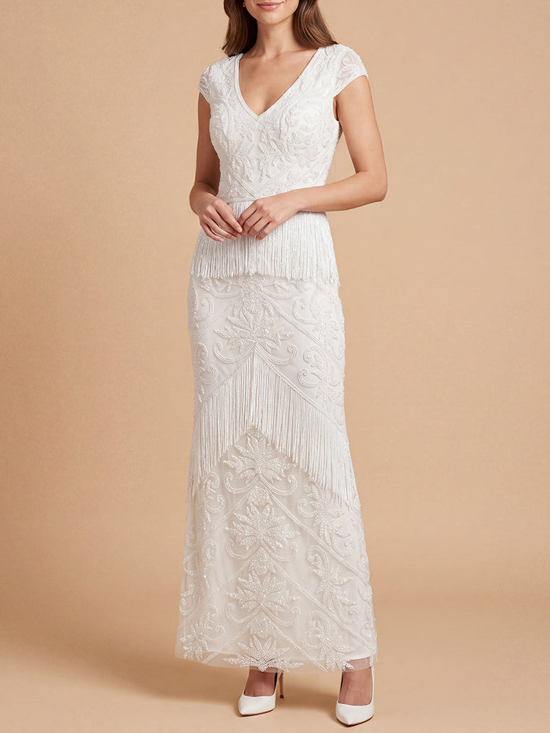 Cap Sleeve Bridal Beaded Gown with Fringe | 51222