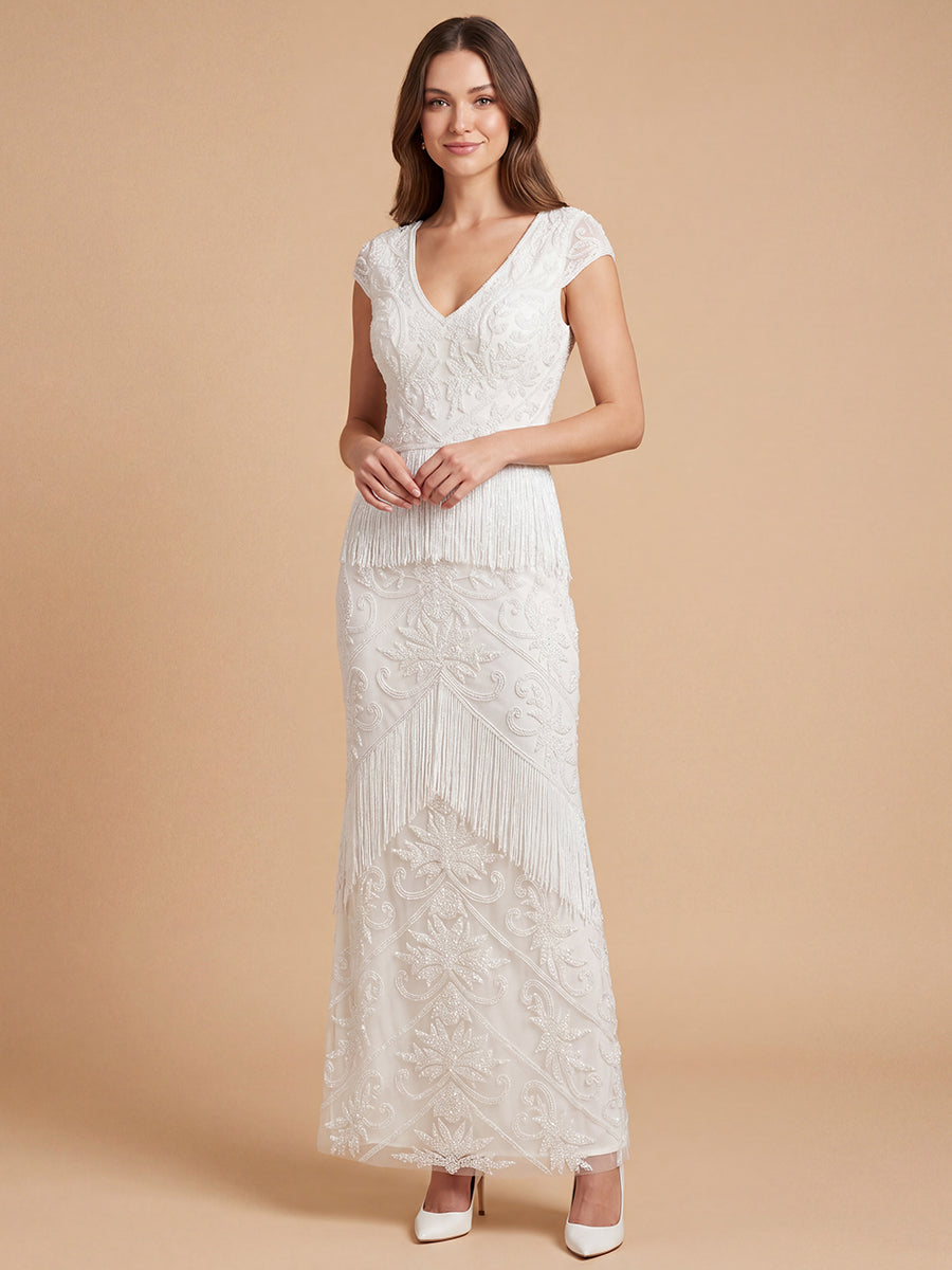 Cap Sleeve Bridal Beaded Gown with Fringe | 51222