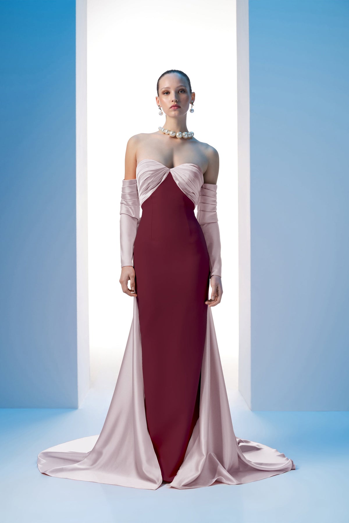 Nour Fathallah N0609 - Strapless Crepe & Satin Gown with Off-Shoulder Sleeves