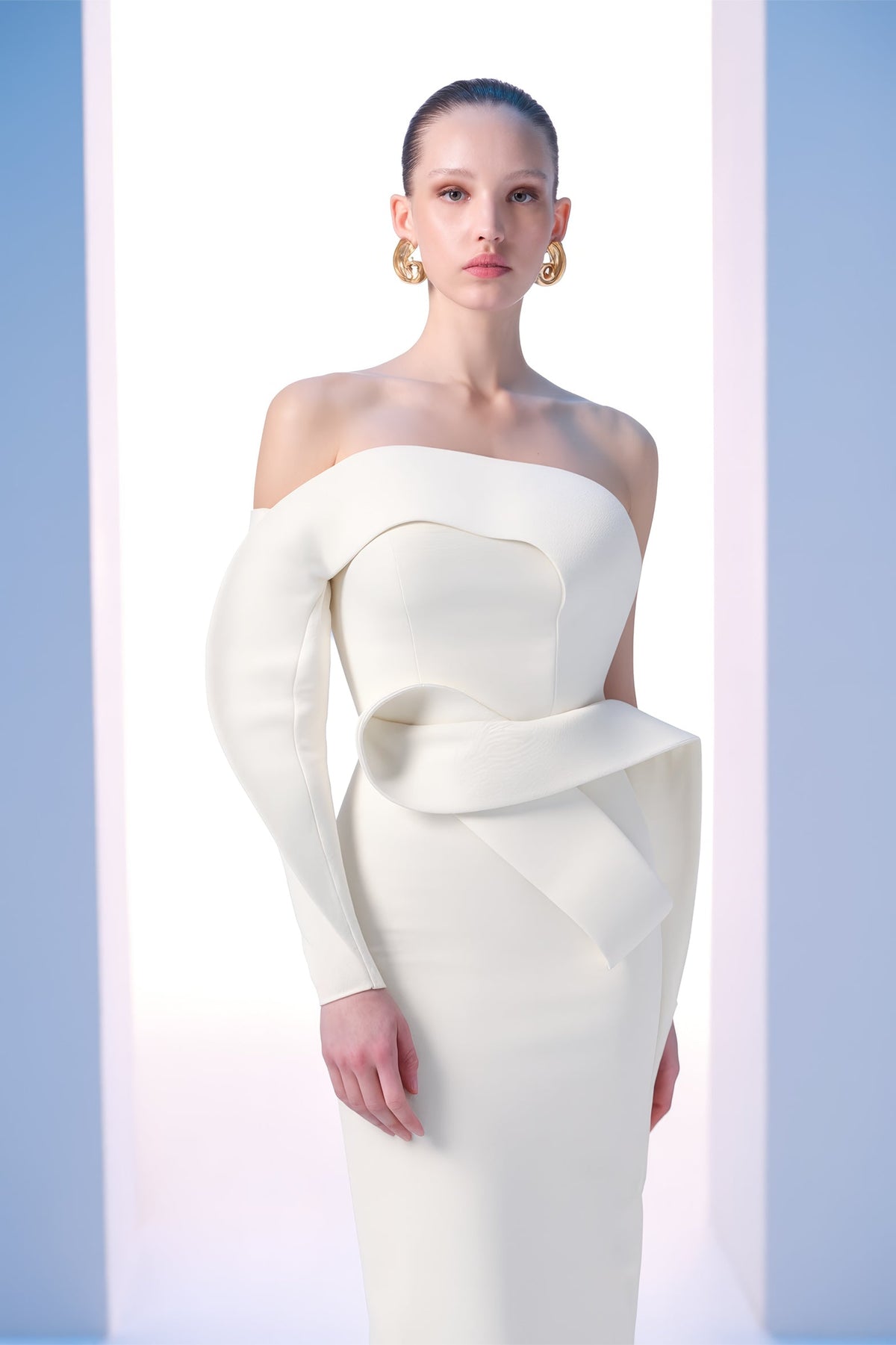 Nour Fathallah N0618 - Strapless Crepe Gown with Single Off-Shoulder Sleeve