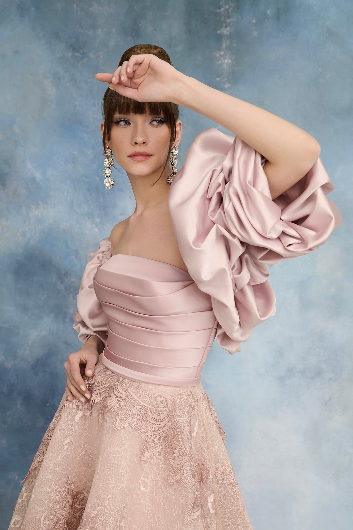 نور فتح الله N0735 - فستان بلون الخدود قابل للتحويل مع بوليرو قابل للإزالة