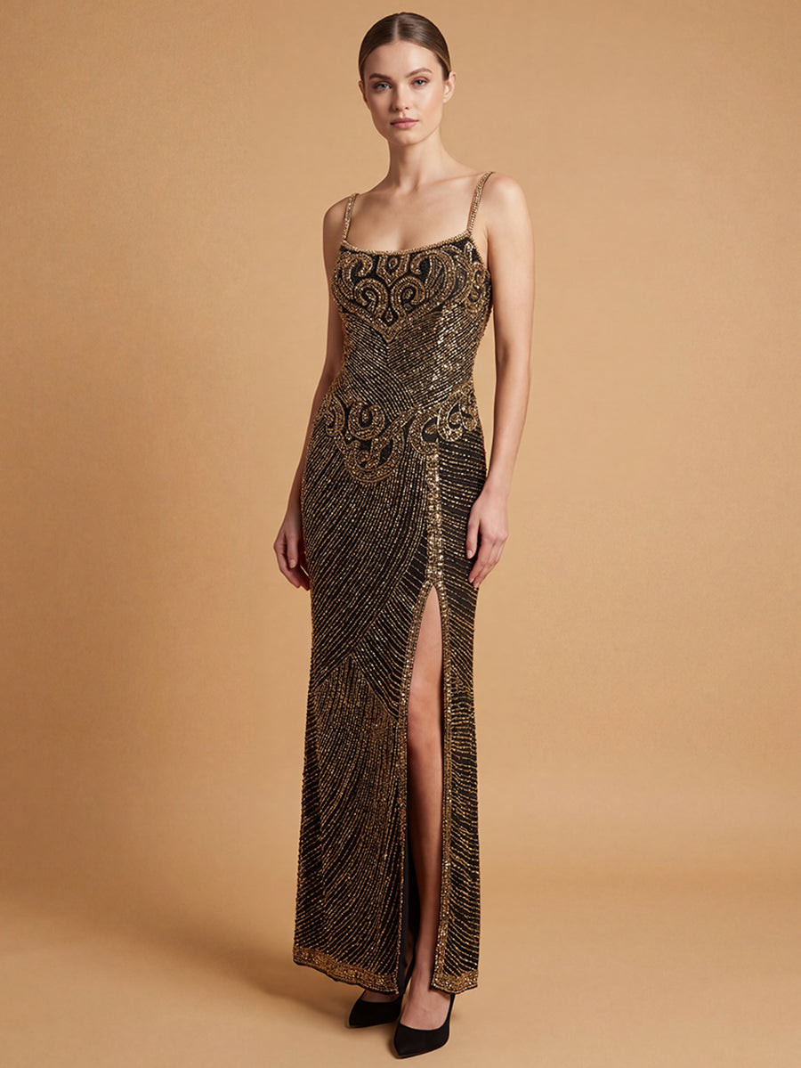 Spaghetti Strap Beaded Gown with Slit | Lara 9919