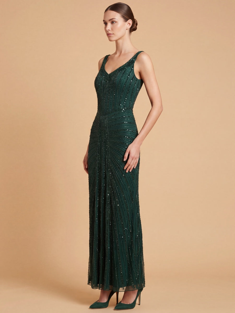 Beaded Subtle V-Neck Gown | Lara 9920