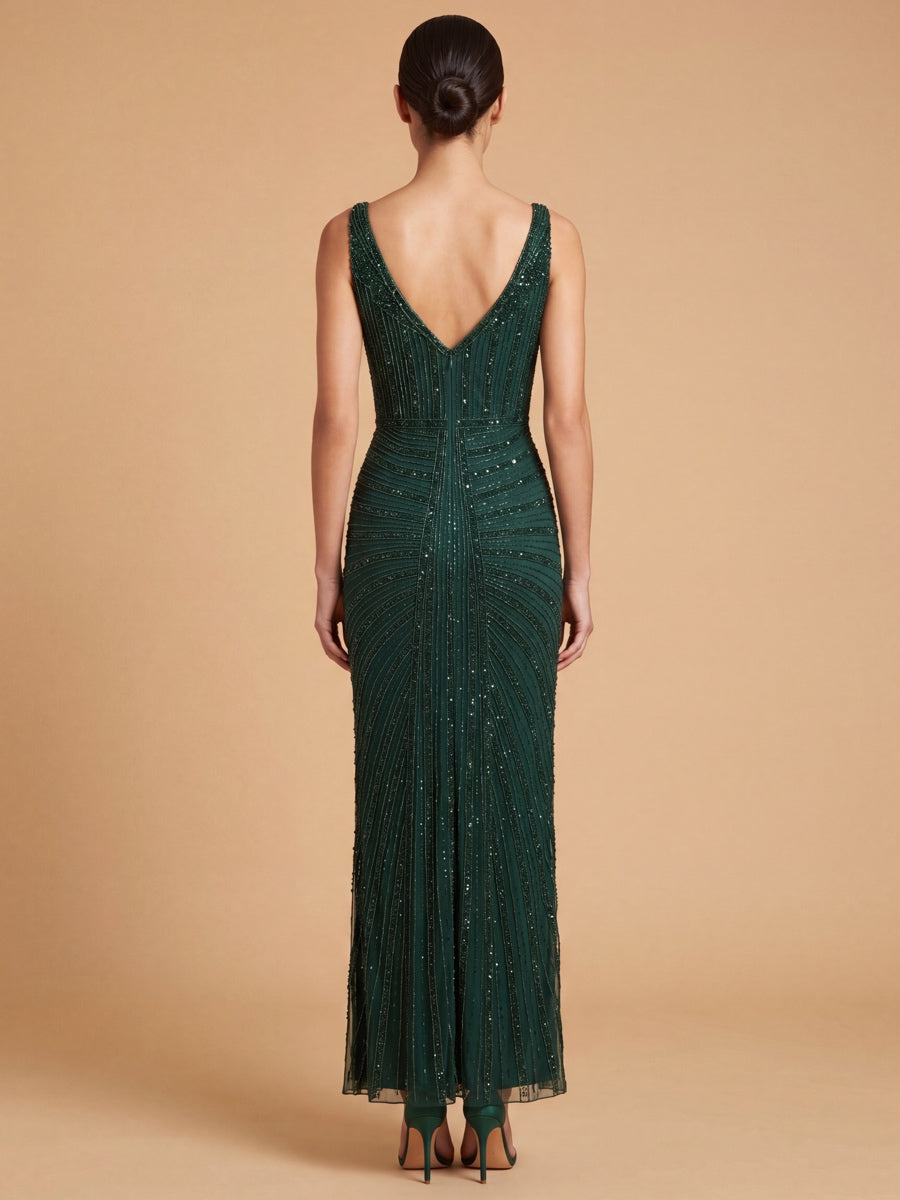 Beaded Subtle V-Neck Gown | Lara 9920