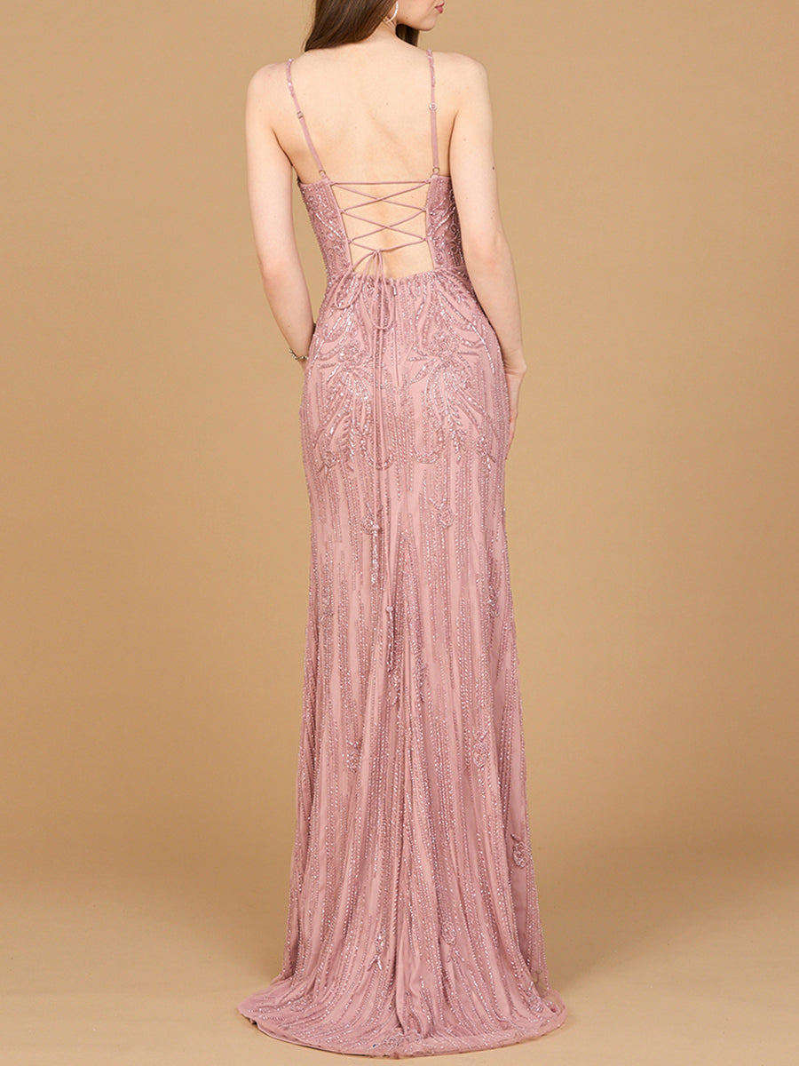 Beaded Lace-up Dress with Slit 9925