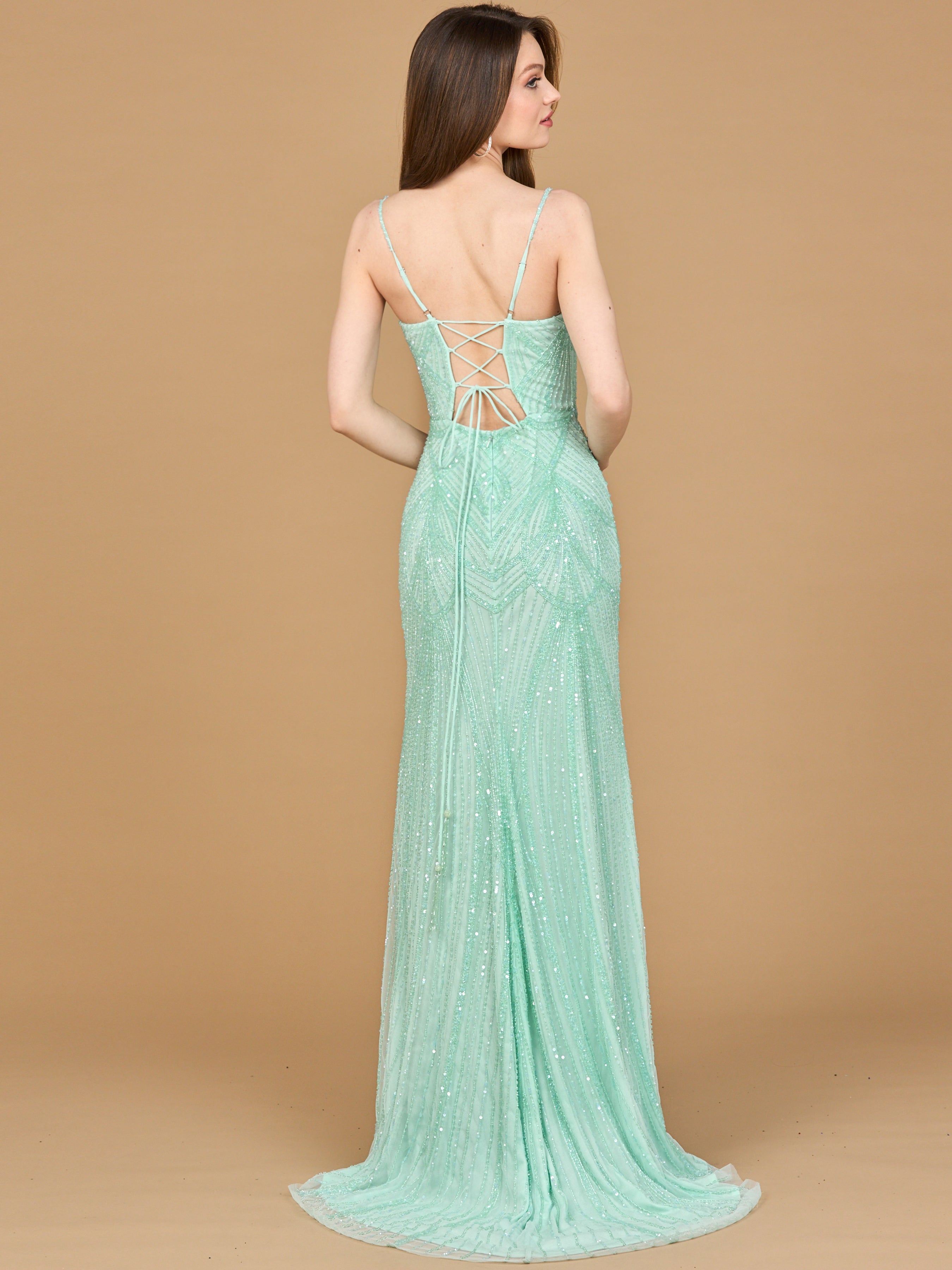 Beaded Lace-up Dress with Slit 9926 Beaded Lace-up Dress with Slit 9926