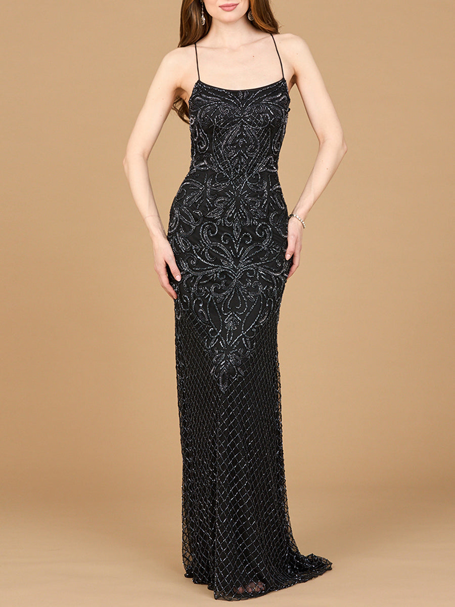 Lace Up Open Back Beaded Dress 9930