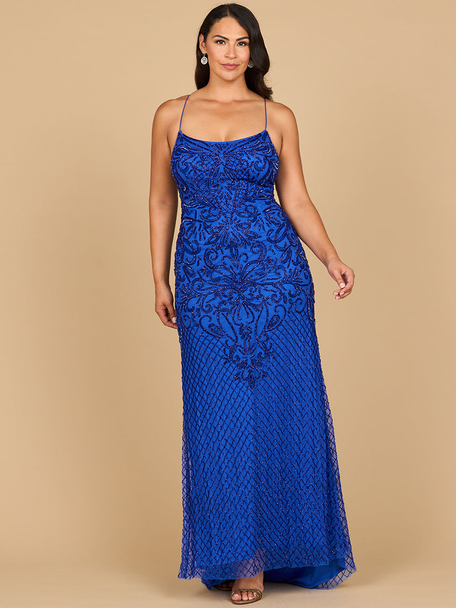 Lace Up Open Back Beaded Dress 9930 0 / Royal Lace Up Open Back Beaded Dress 9930 0 / Royal