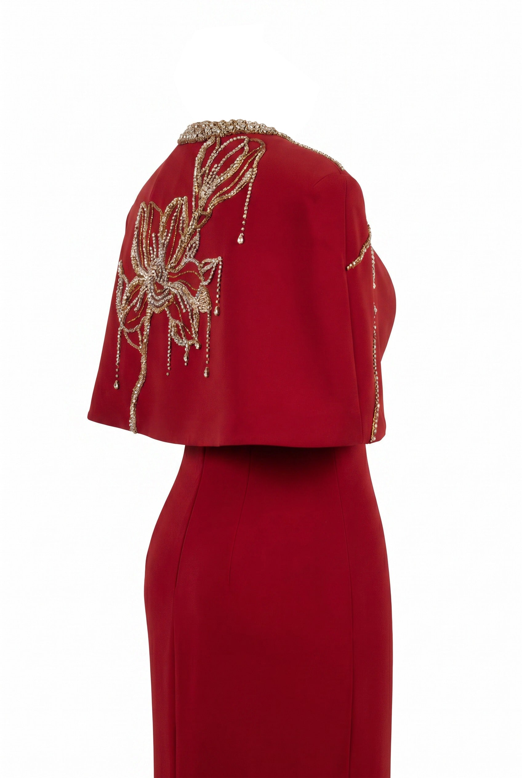 Floral Embellished Cape and Red Column Dress Set