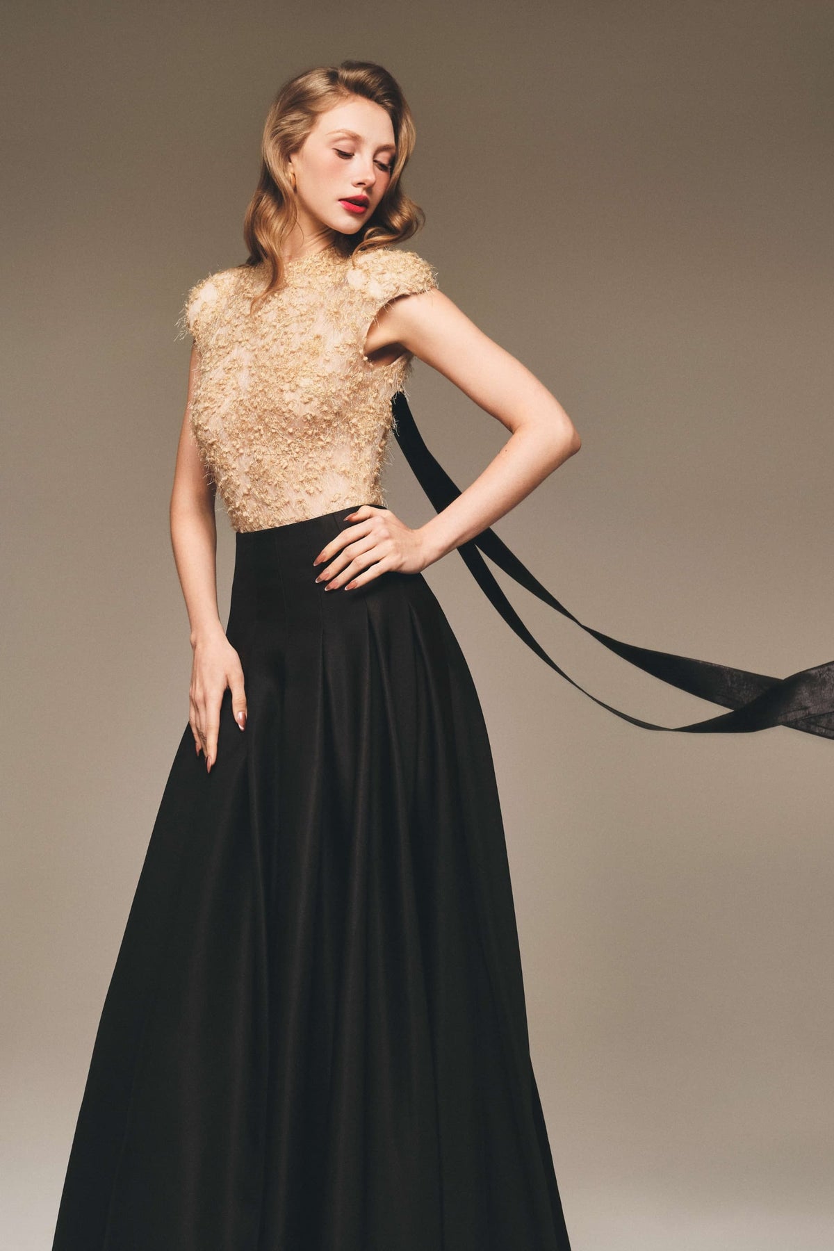Lace Top Taffeta Bow Maxi Dress