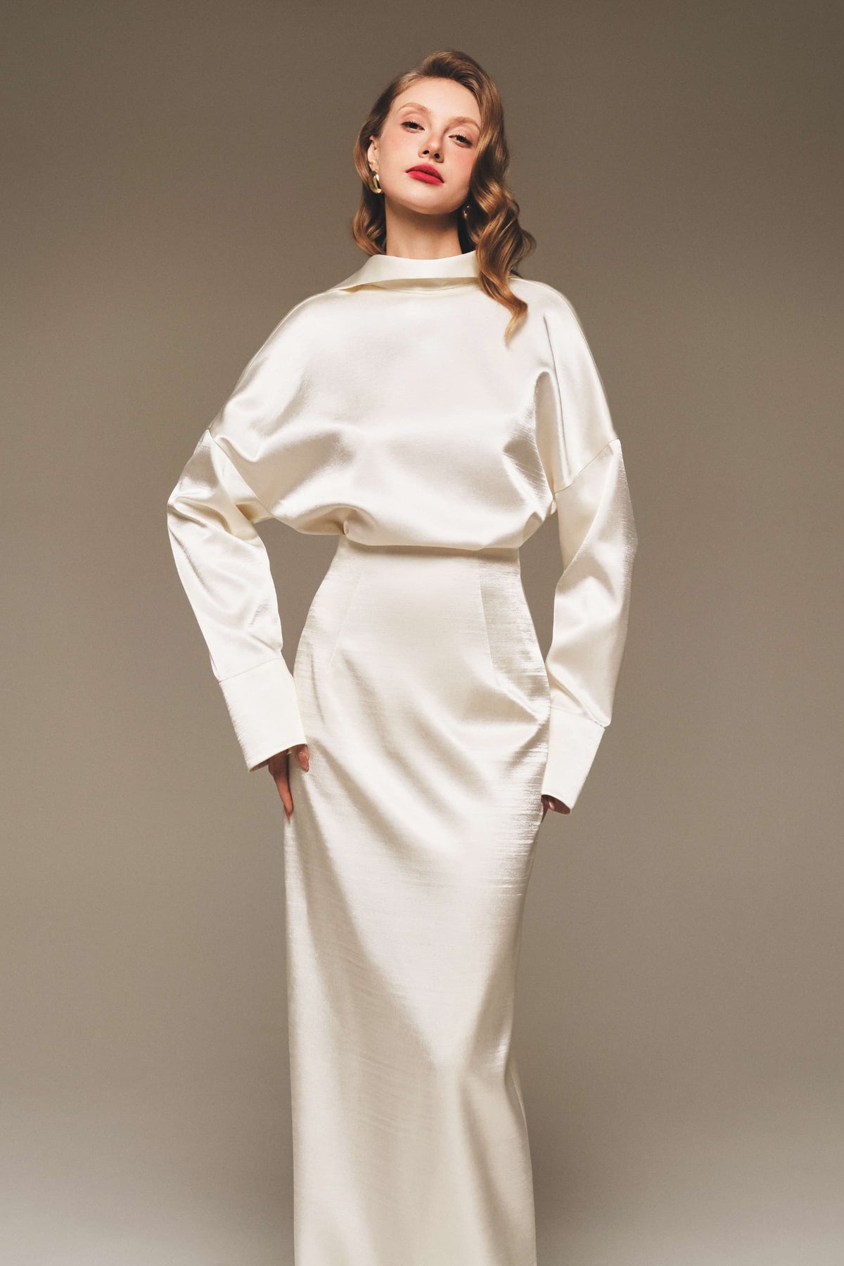 Draped Suzhou Silk Top & Maxi Skirt Set