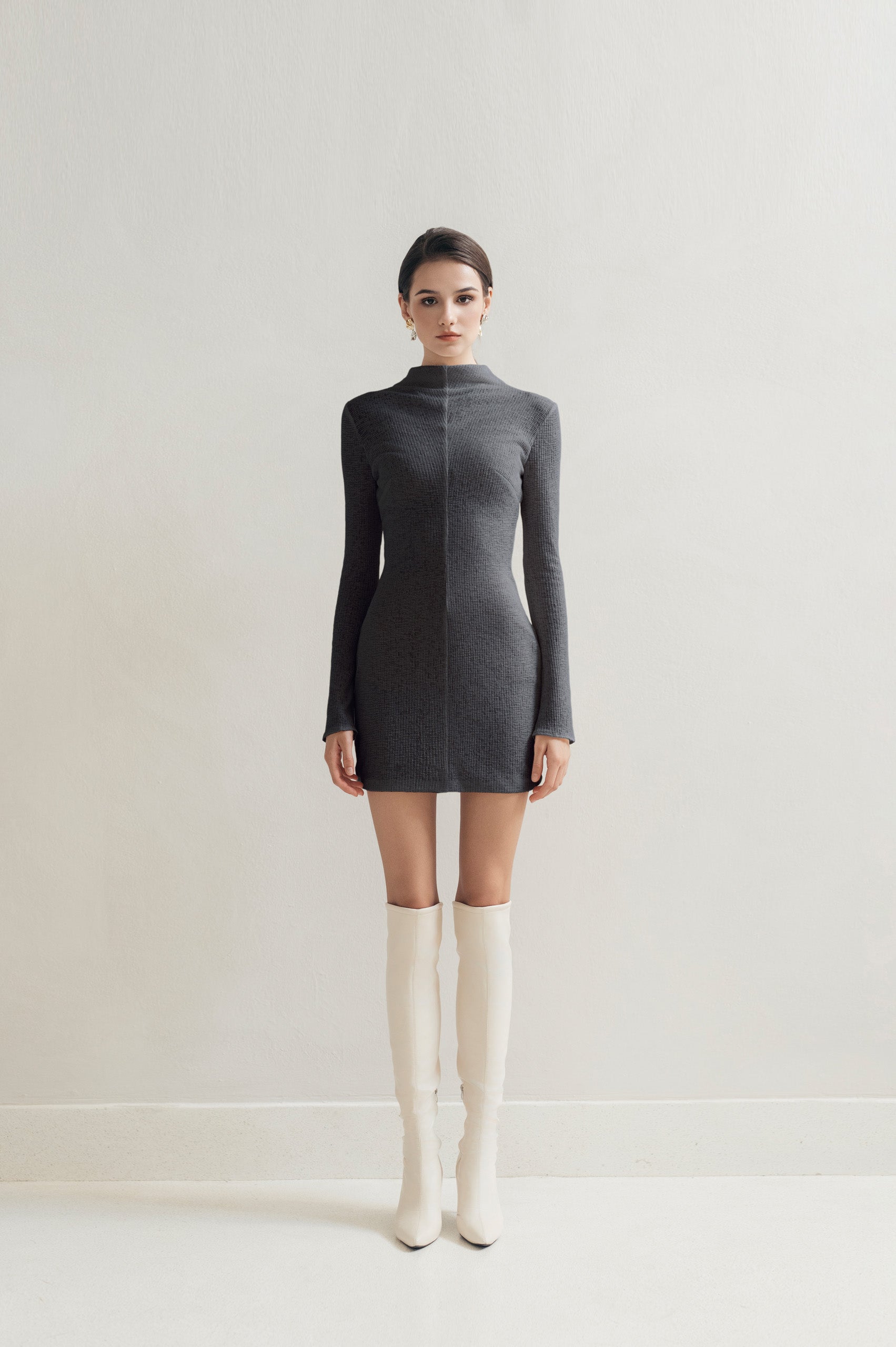 grey turtleneck bodycon dress Aura Knit Dress | Cool Gray Turtleneck Dress XS