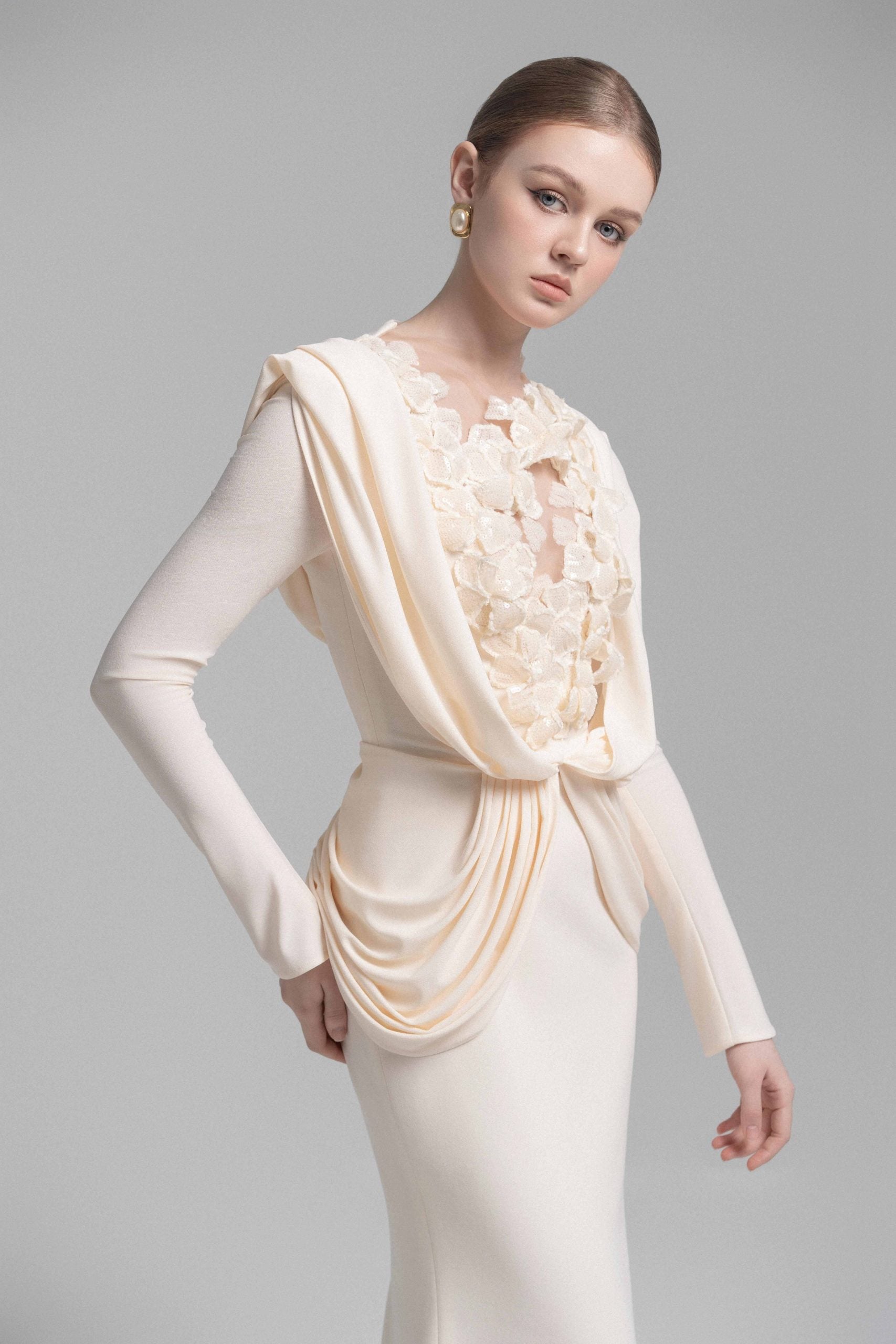 Mystique Hooded Lace Evening Gown VL1015