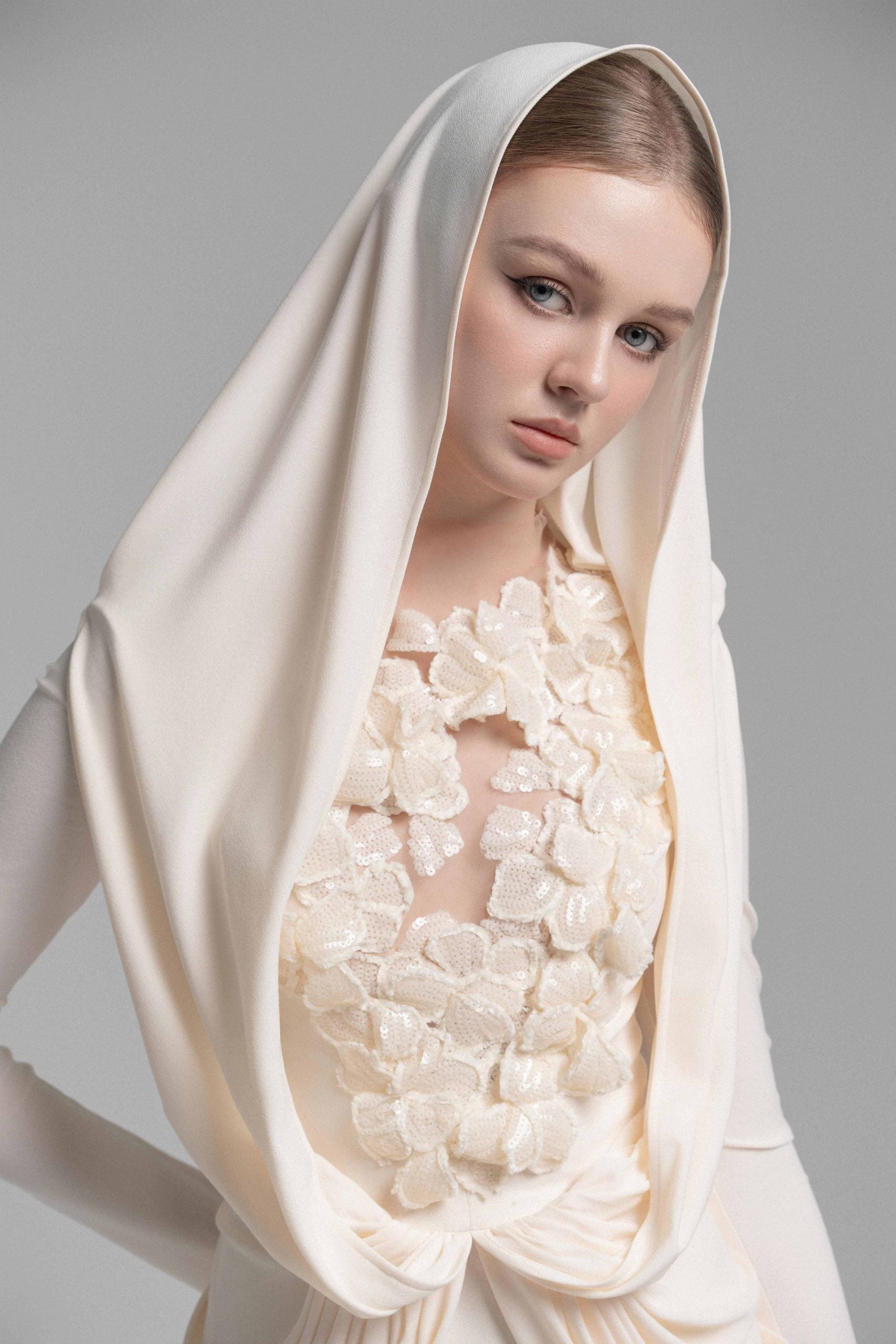 Mystique Hooded Lace Evening Gown VL1015