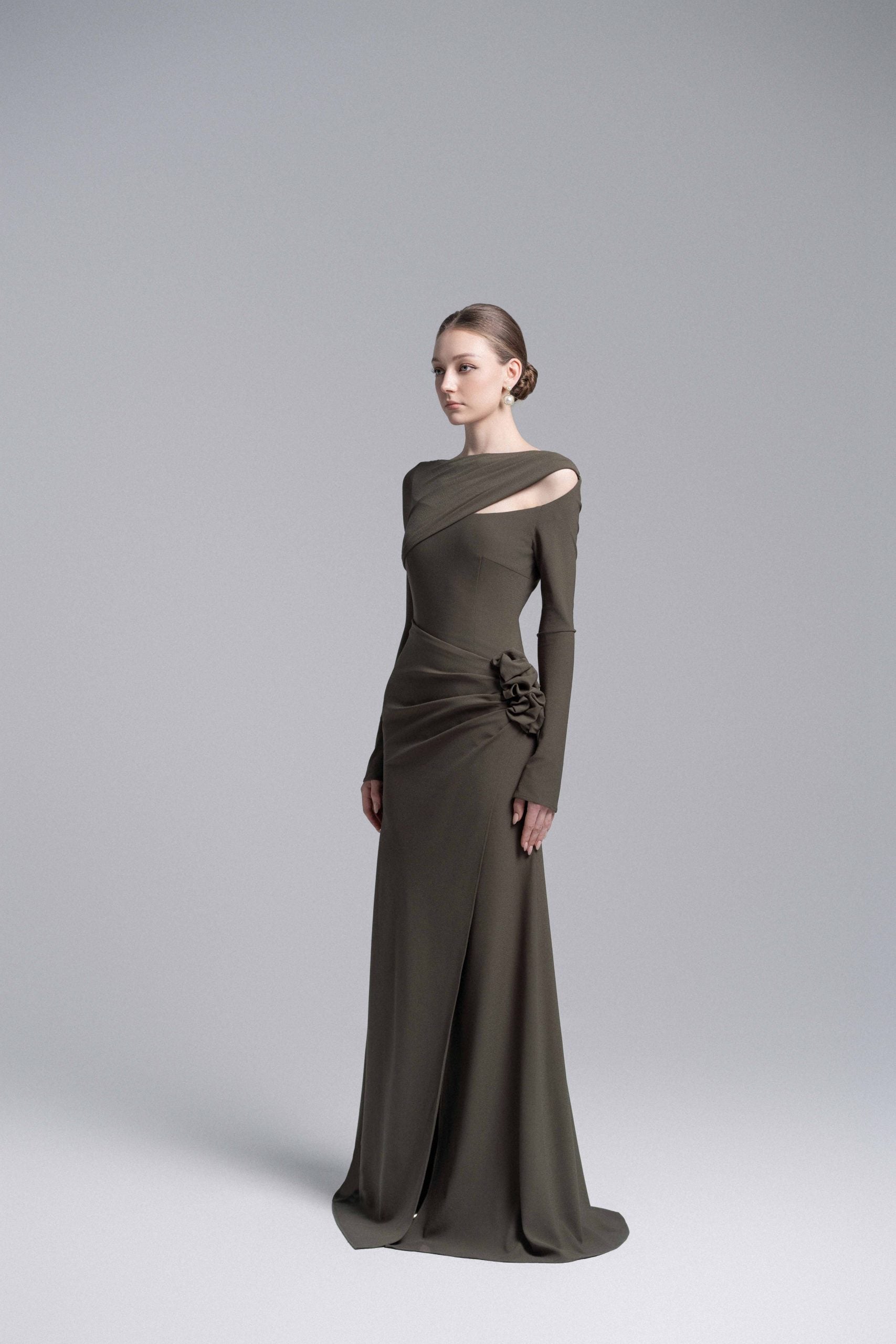 pewter formal dress Pewter Three Quarter Sleeve Off the Shoulder Dress 23136