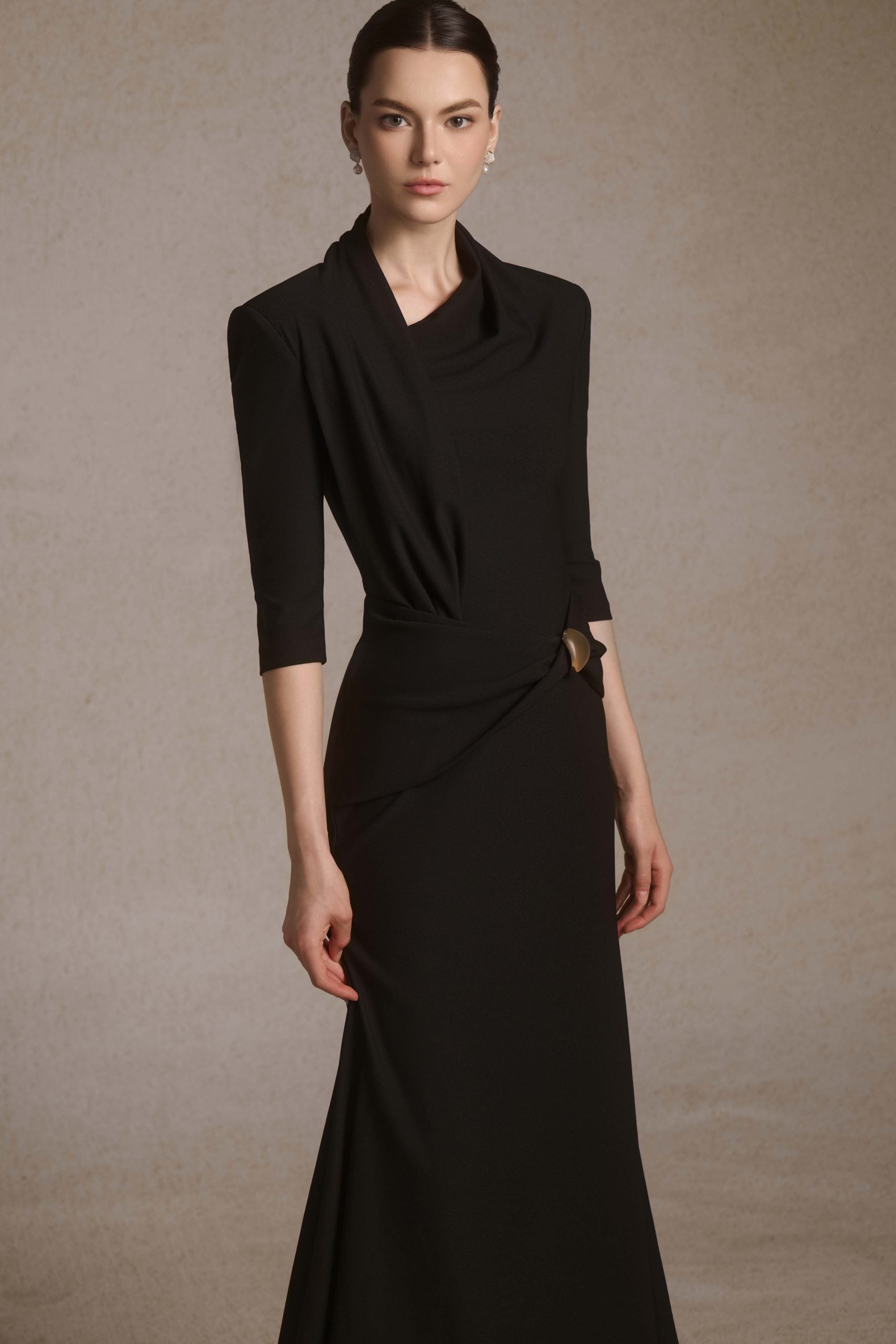 astra midi dress Astra Draped Midi in Black | Black Mermaid Dress XXS