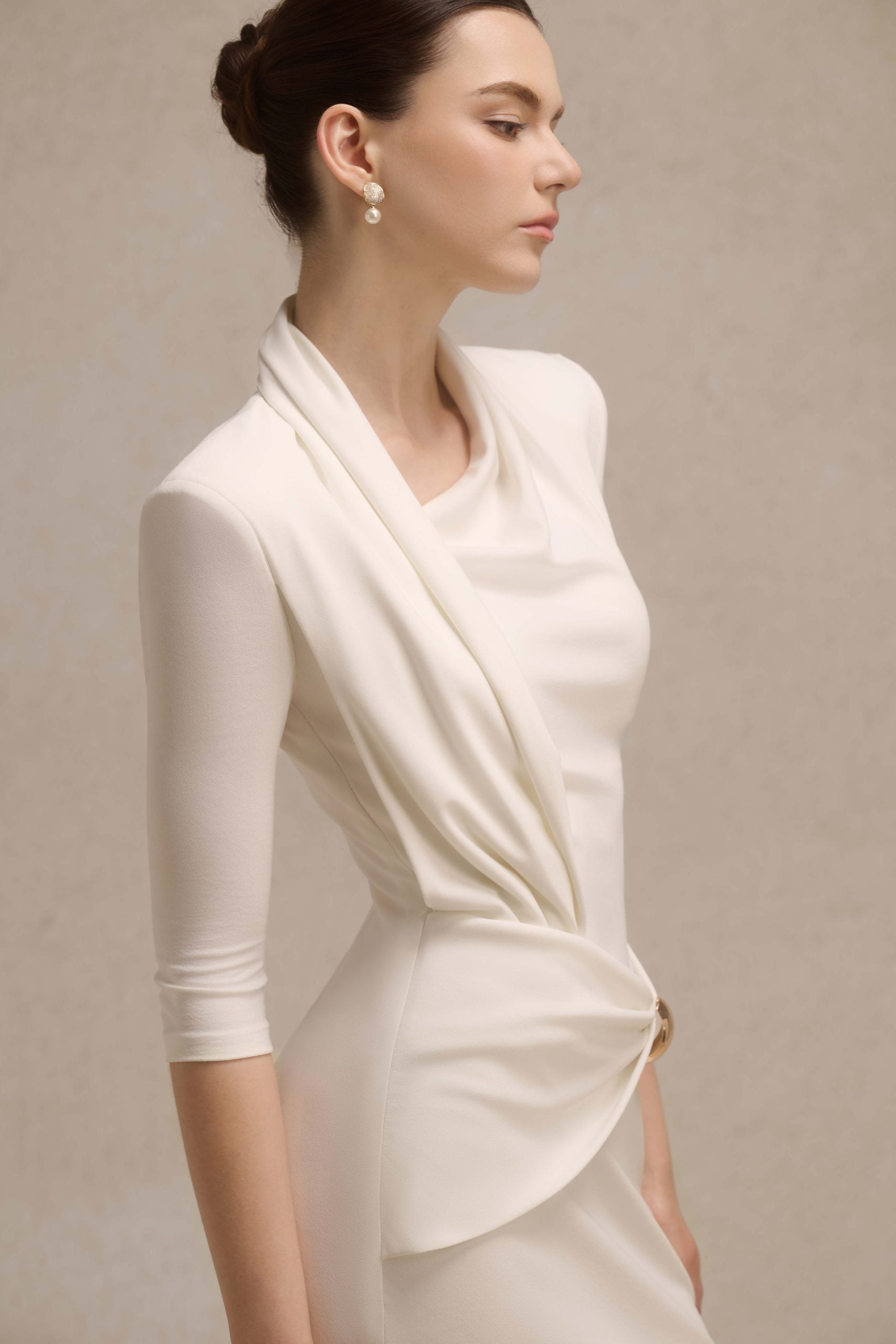 draped midi dress white Laurine Asymmetrical Draped Midi Dress in White