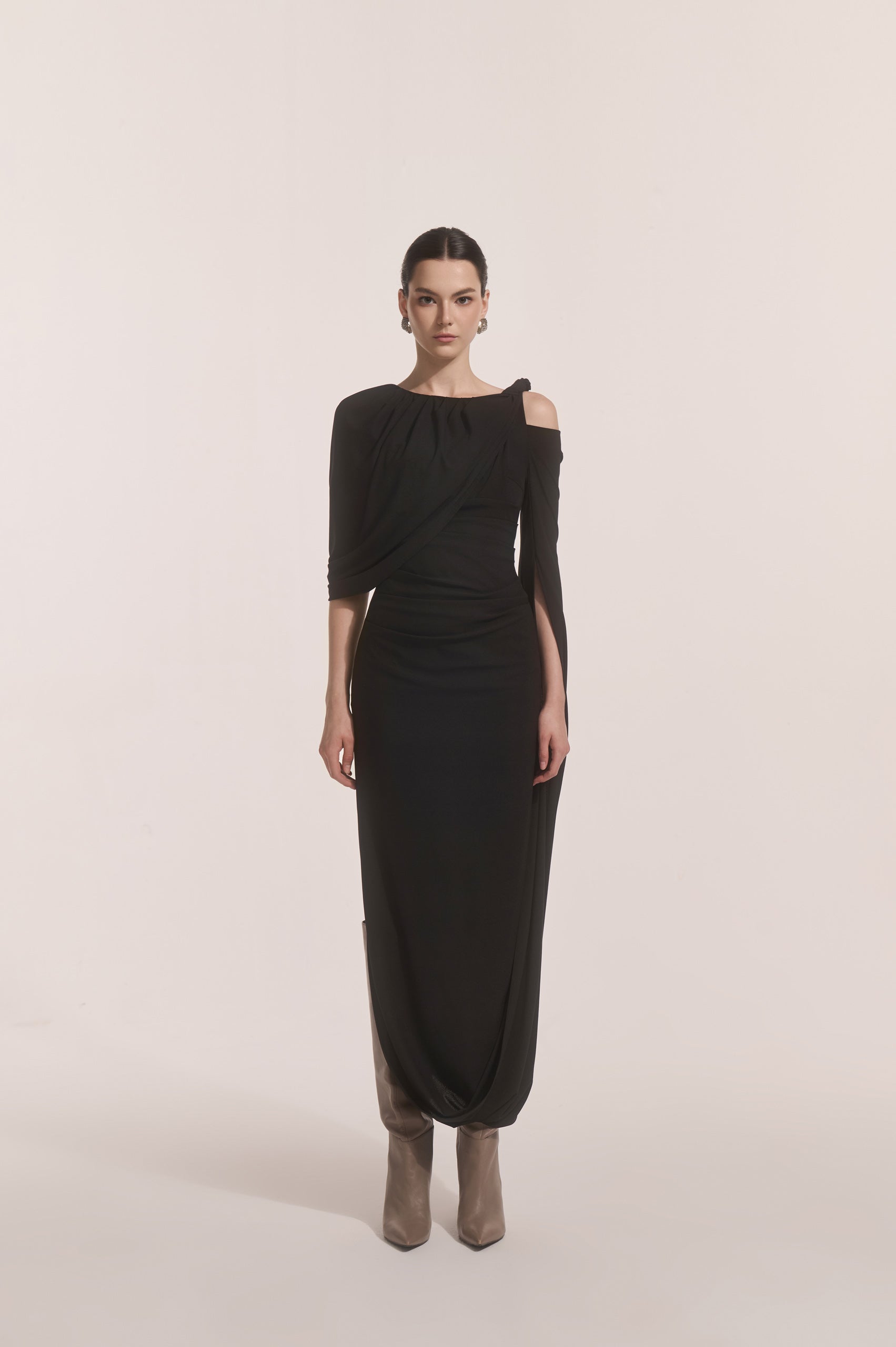 draped shoulder midi dress Off-the-shoulder draped stretch-jersey midi dress - brown