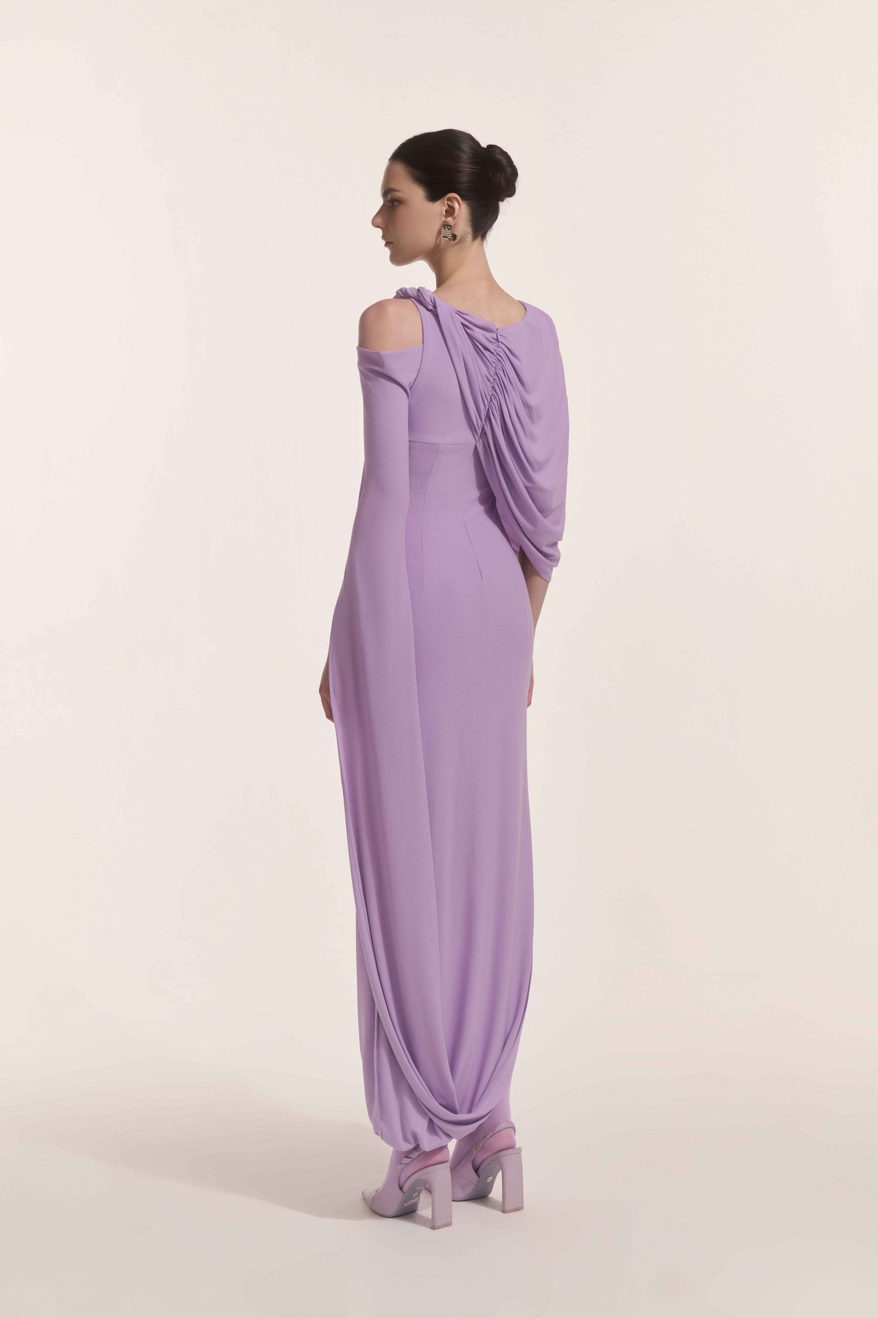 sheer panelled draped midaxi dress in dusty lilac Sade Strapless Sheer Panel Ruched Maxi Dress Lilac