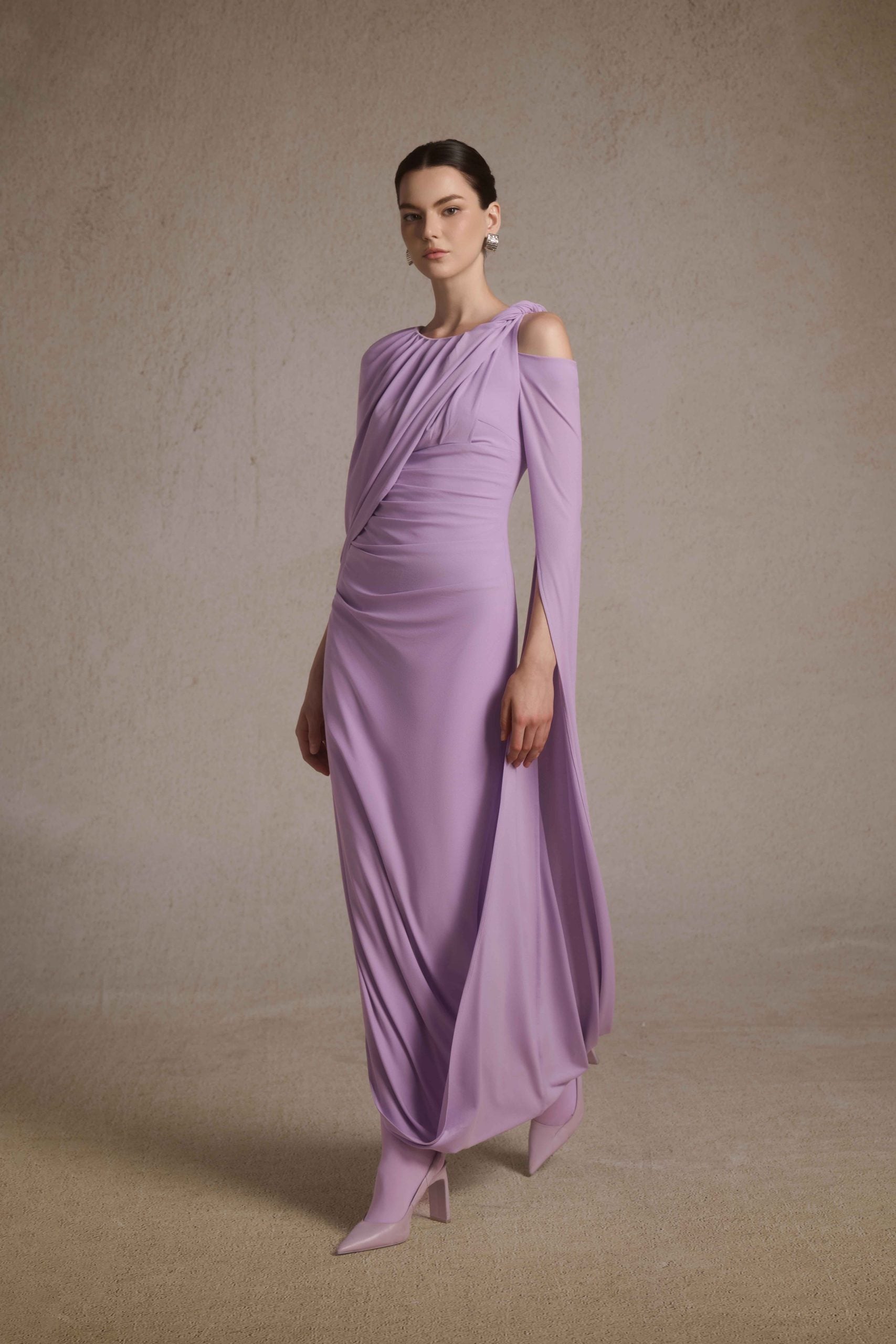 sheer panelled draped midaxi dress in dusty lilac S Lavender Sheer Organza Maxi Dress