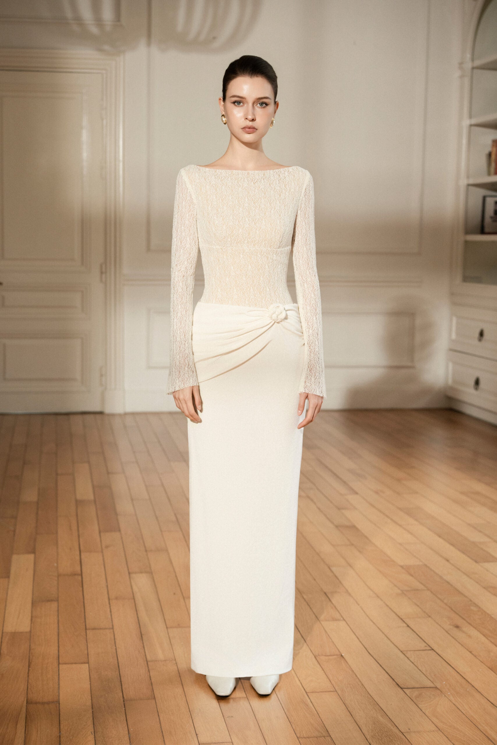 Draped Lace Pencil Dress | Ivory Lace Evening Dress Long Sleeve