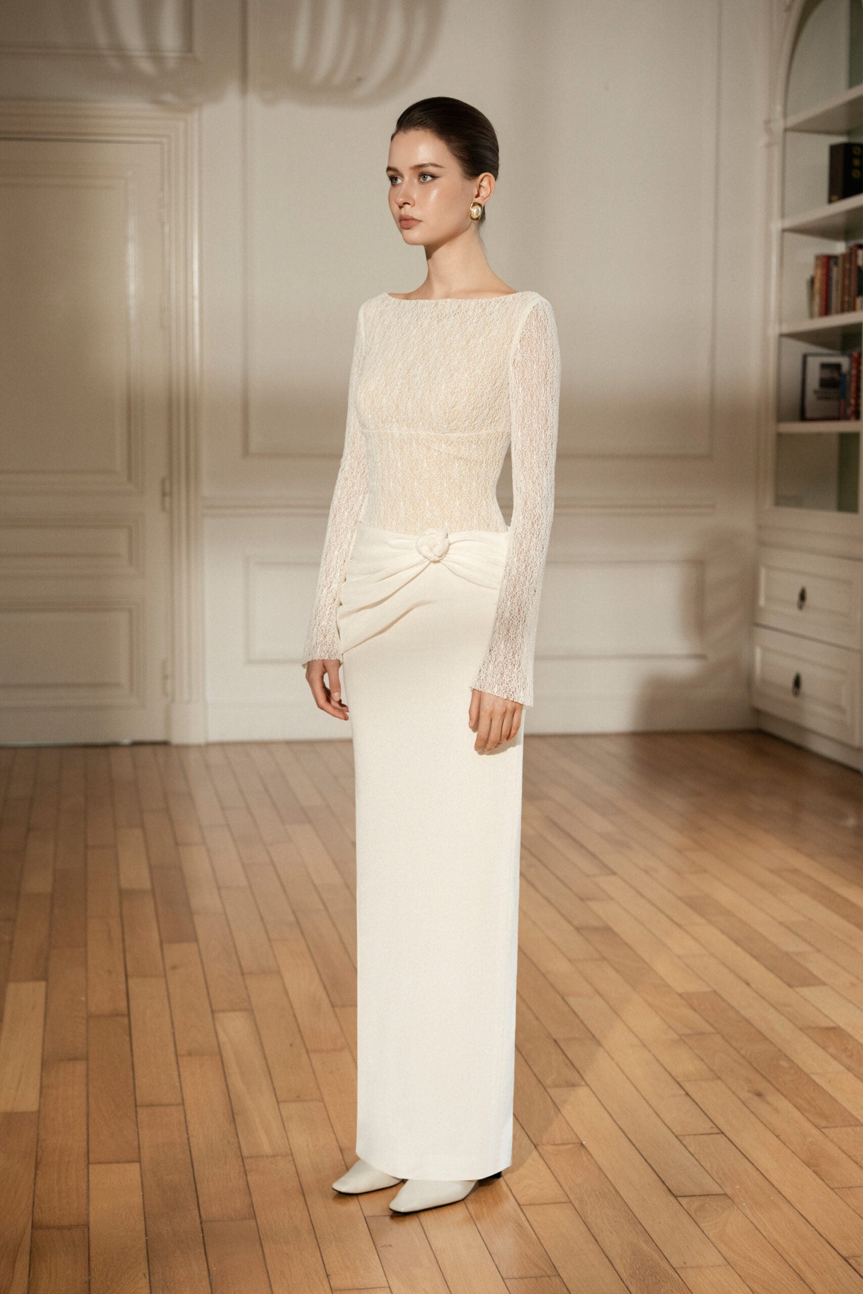 Draped Lace Pencil Dress | Ivory Lace Evening Dress Long Sleeve