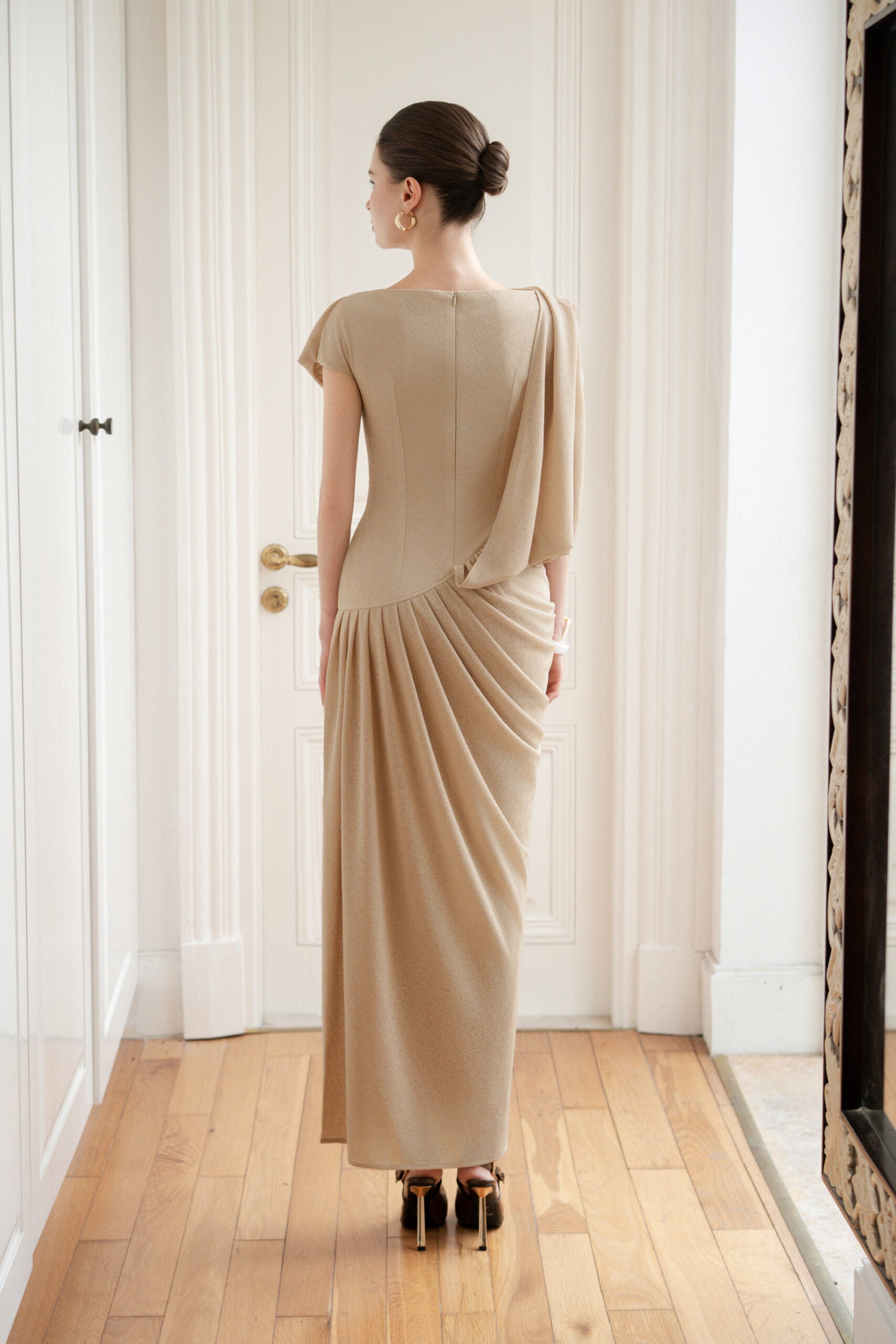 sand beige dress Asymmetric Draped Corset Dress in Bleached Sand