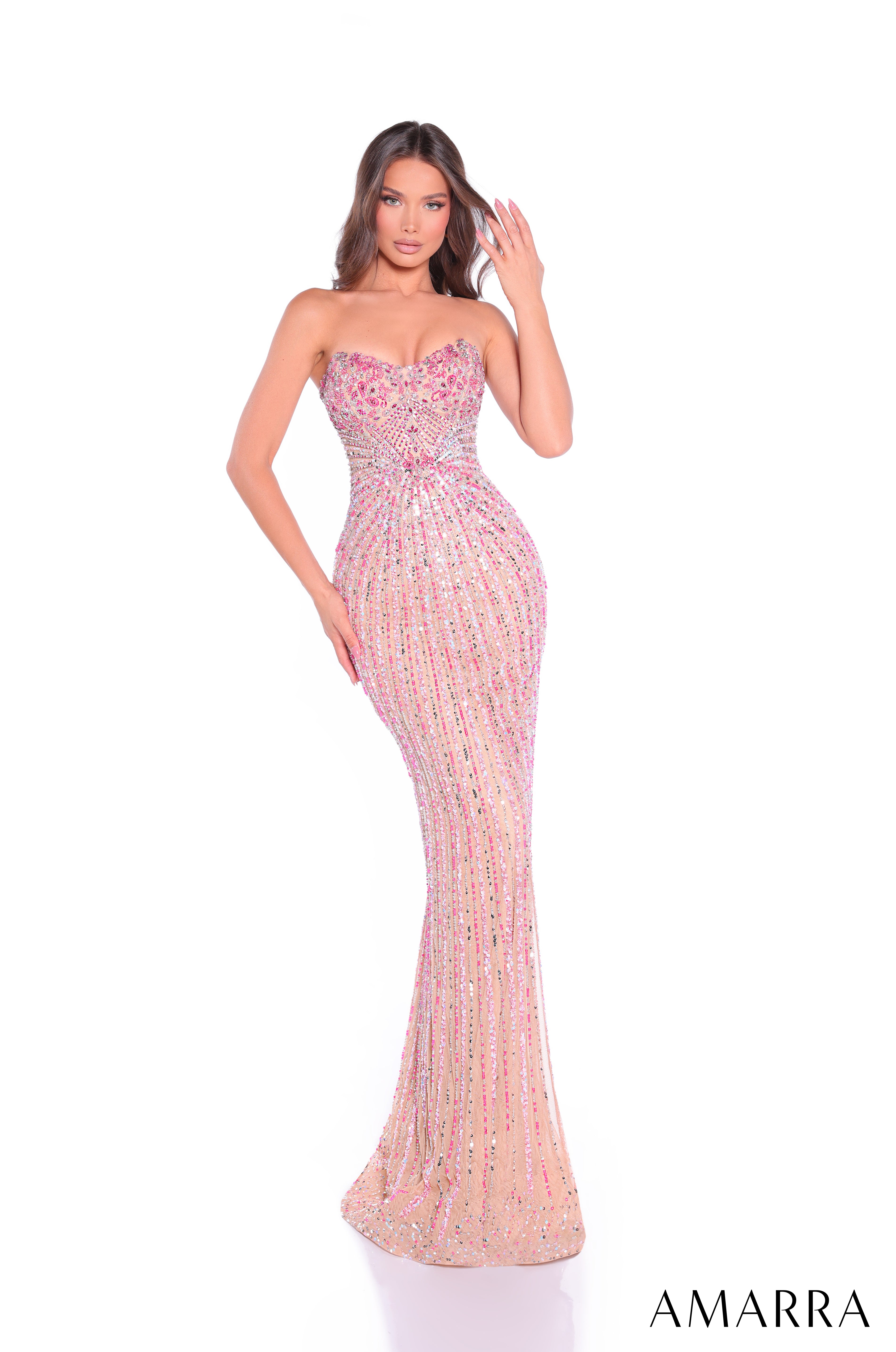AMARRA 89089 – Strapless Sweetheart Hand-Beaded Mesh Fitted Sheath Floor-Length Gown with Geometric Beading, Thigh-High Slit, Sweep Train & Lace-Up Back