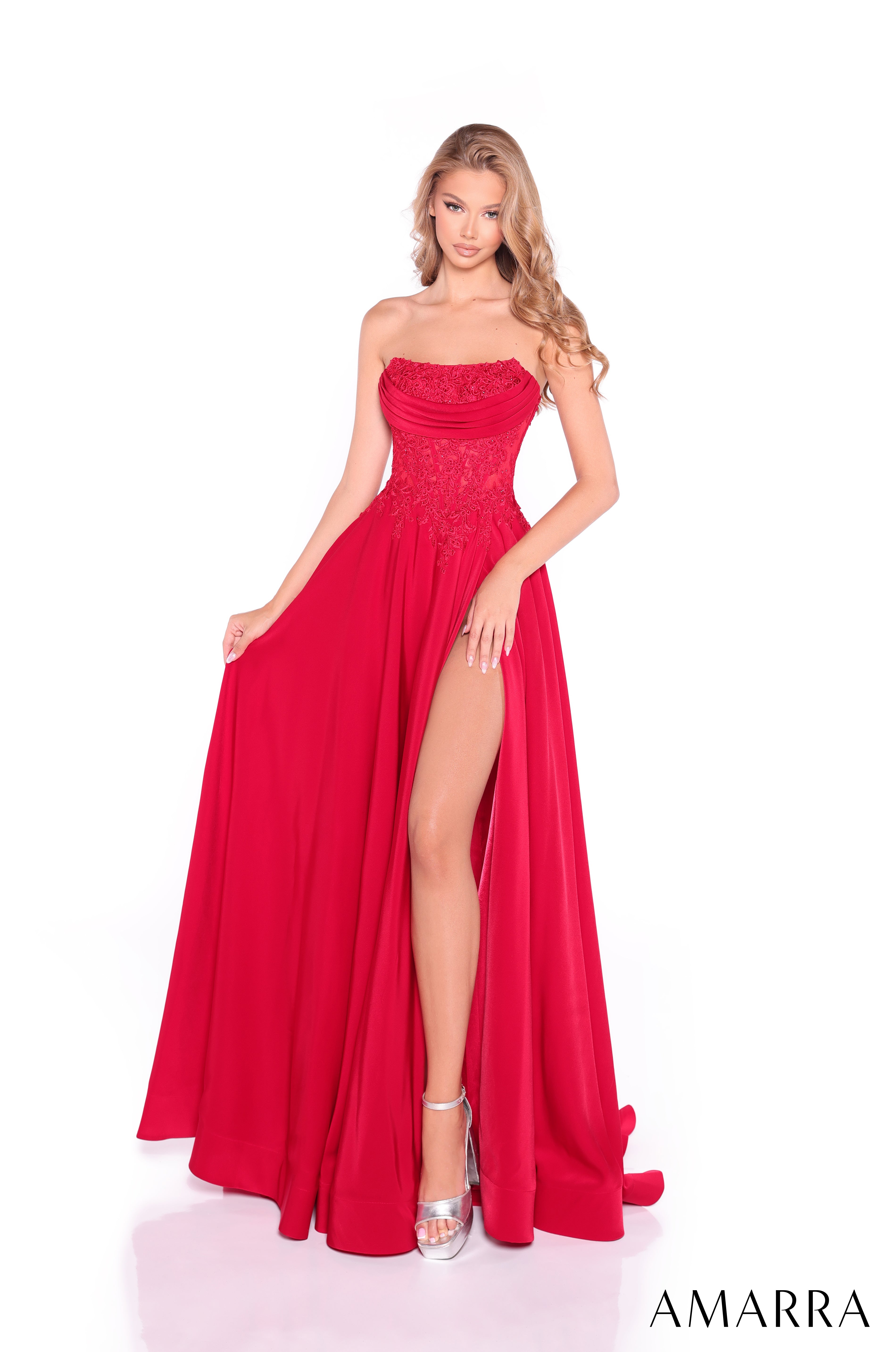 AMARRA 89421 – Satin & Lace Strapless Straight Neck Open Back Floor-Length Ball Gown