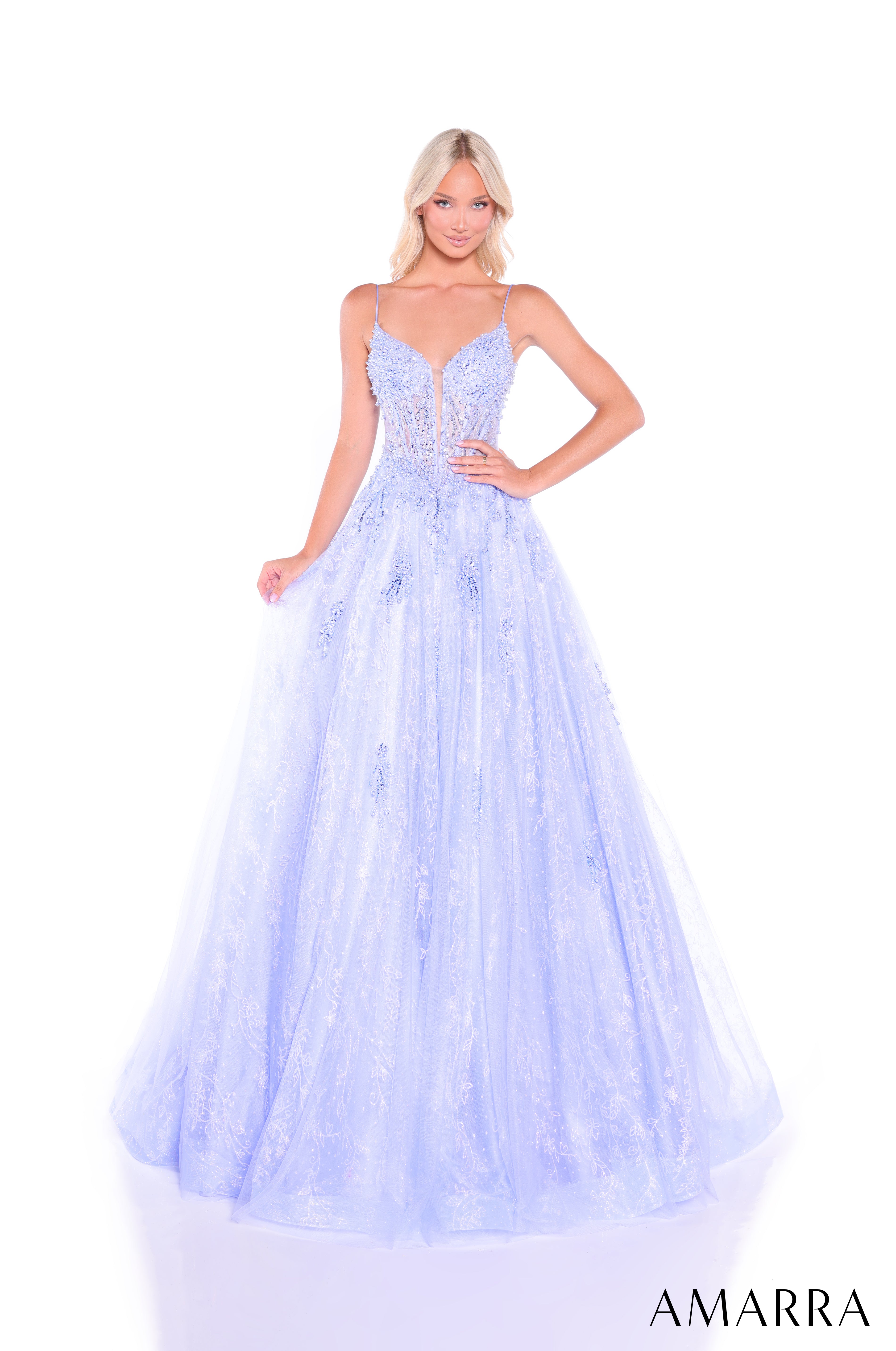 AMARRA 89425 – Glitter Tulle Floral Appliqué Deep V-Neck Corset Back Voluminous Ball Gown