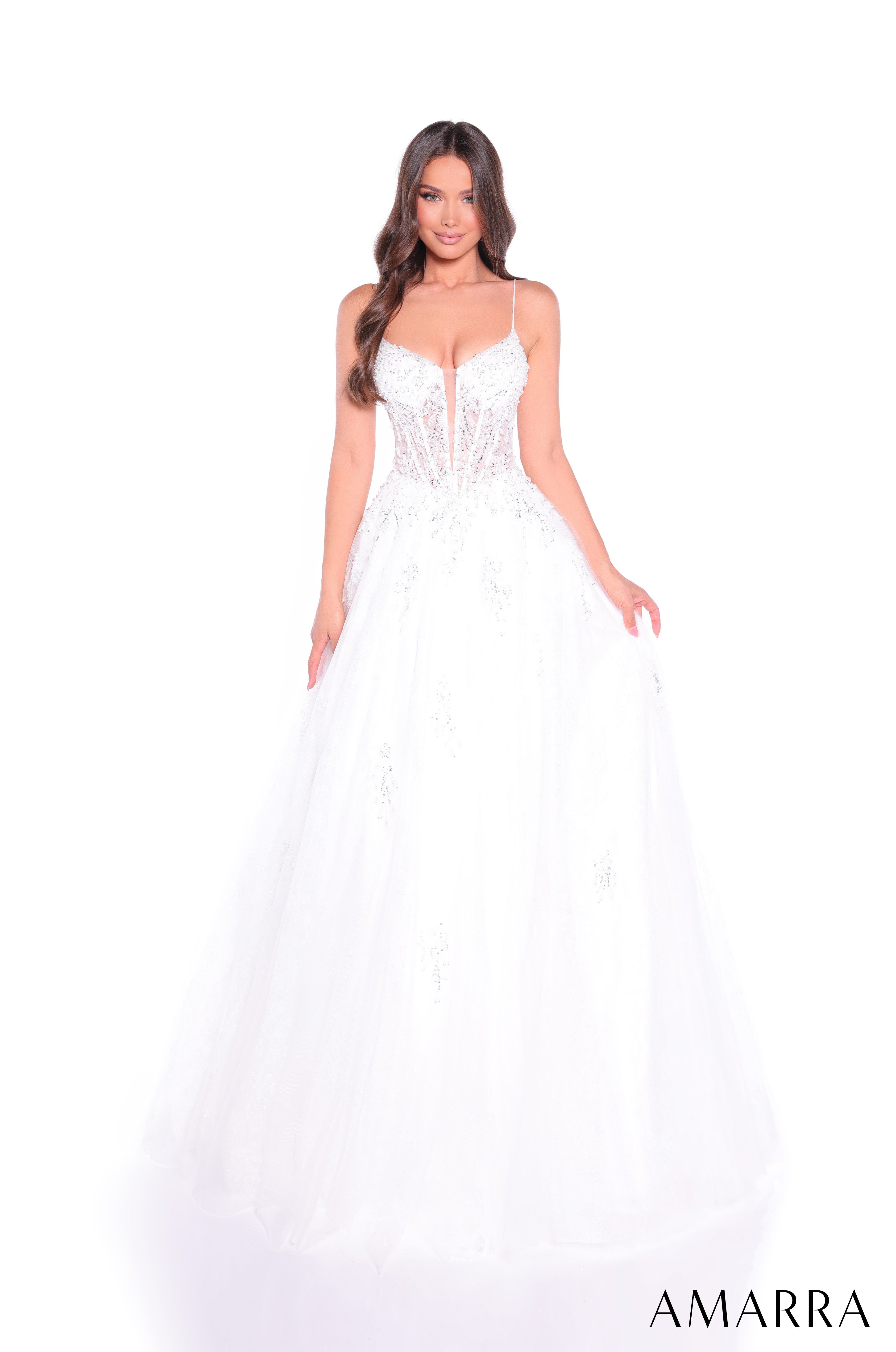 AMARRA 89425 – Glitter Tulle Floral Appliqué Deep V-Neck Corset Back Voluminous Ball Gown