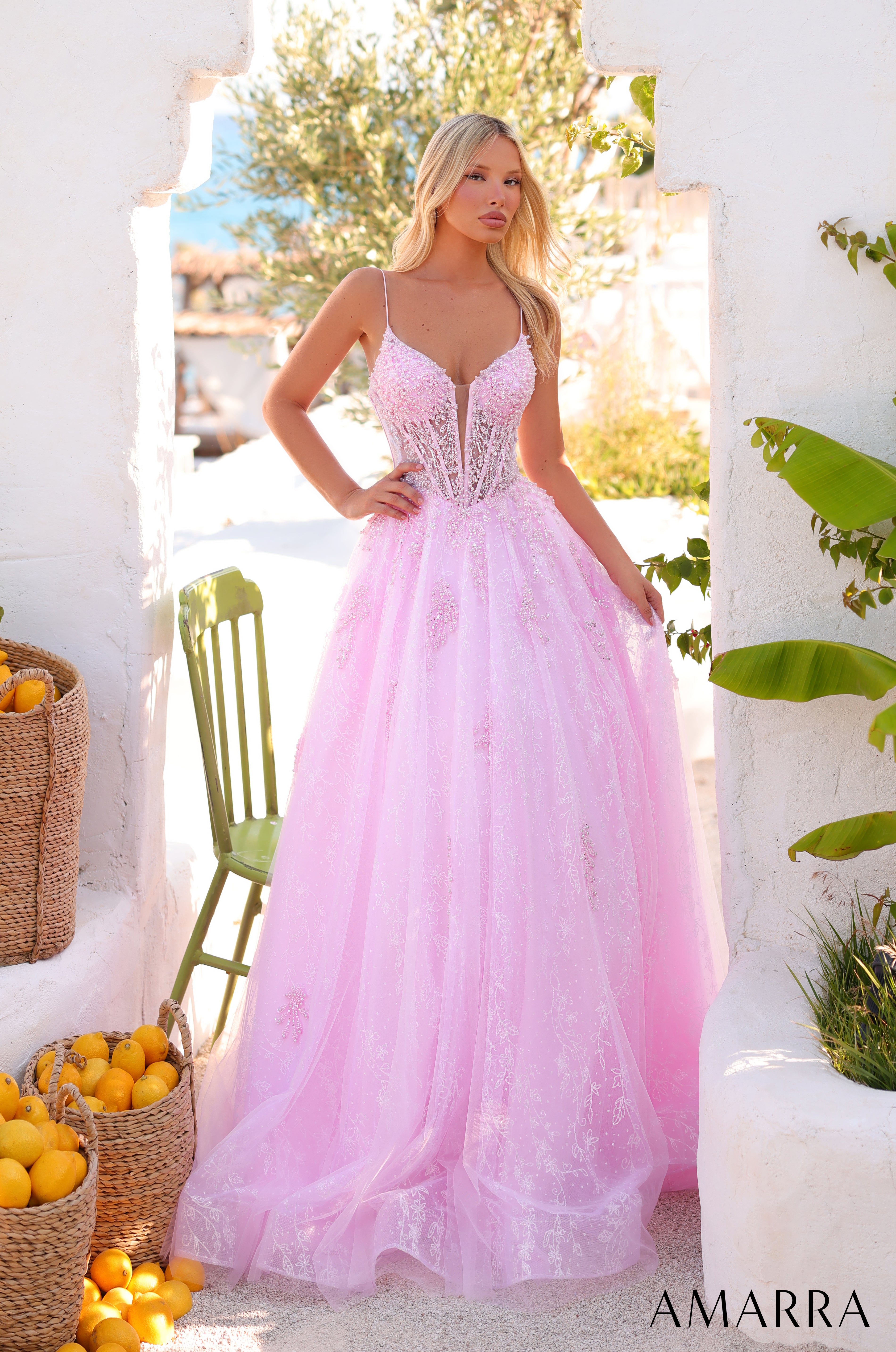 AMARRA 89425 – Glitter Tulle Floral Appliqué Deep V-Neck Corset Back Voluminous Ball Gown