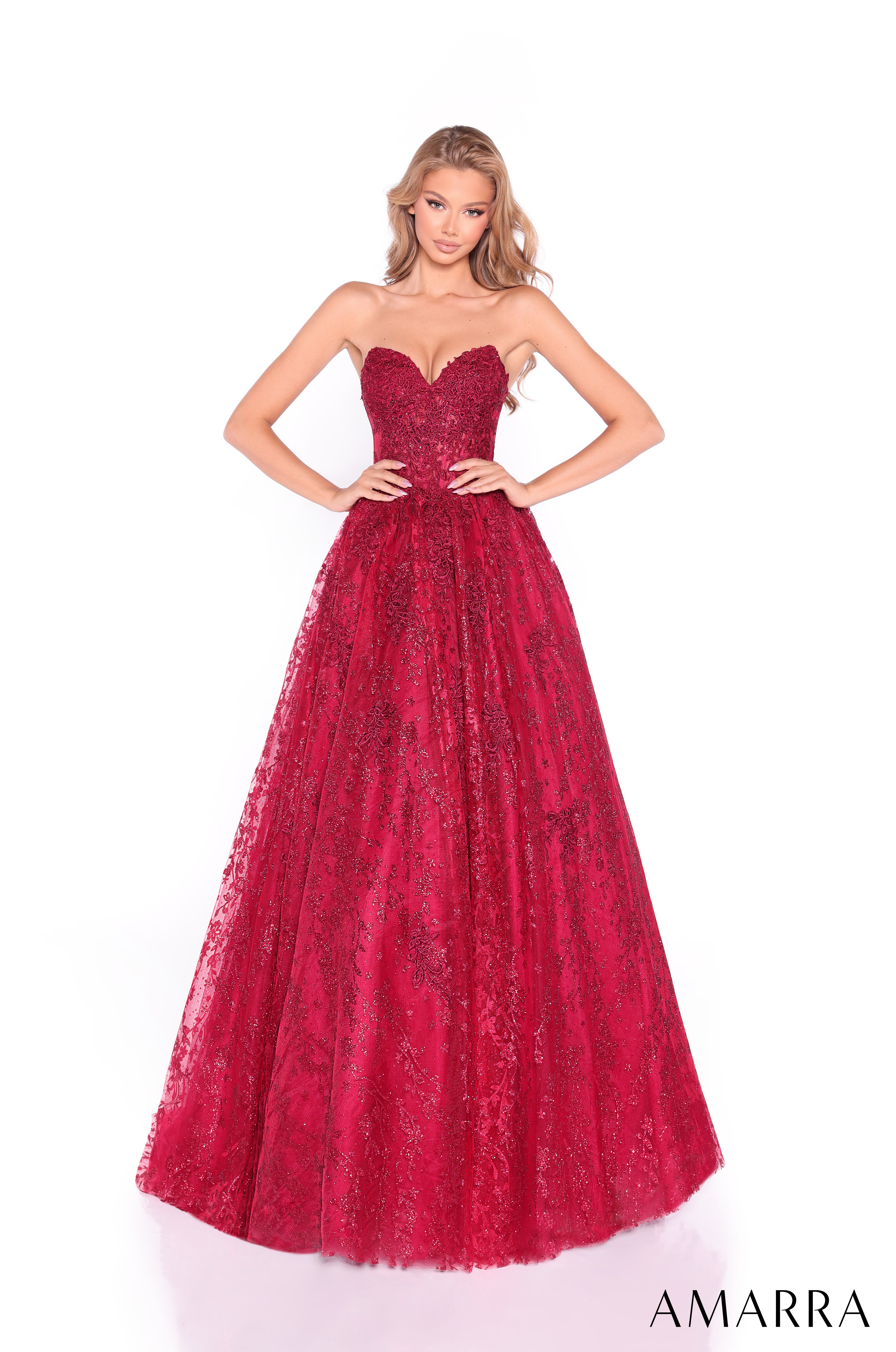 AMARRA 89427 – Embroidered Tulle Strapless Sweetheart Floral Ball Gown Floor-Length Evening Dress