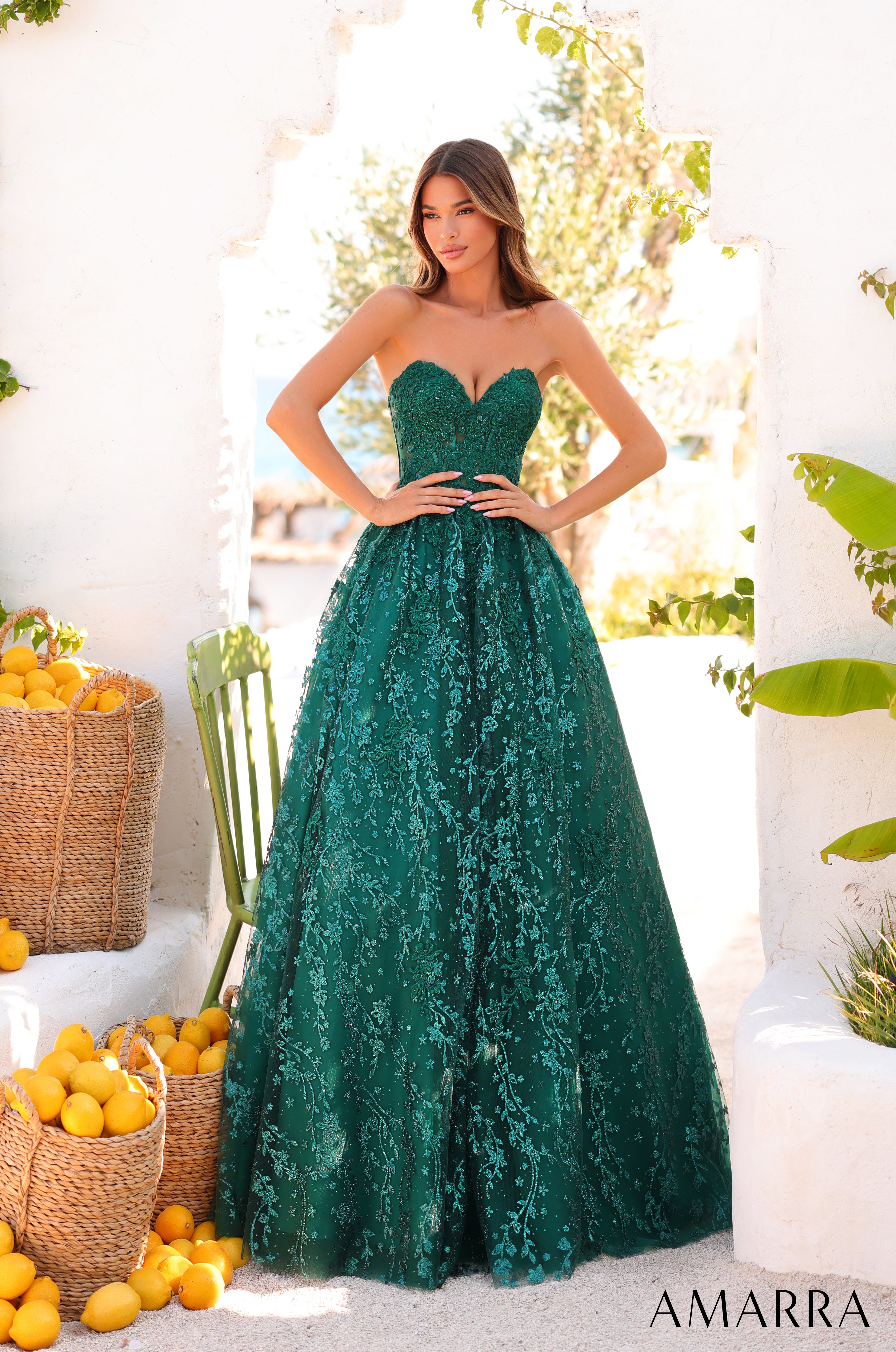 AMARRA 89427 – Embroidered Tulle Strapless Sweetheart Floral Ball Gown Floor-Length Evening Dress