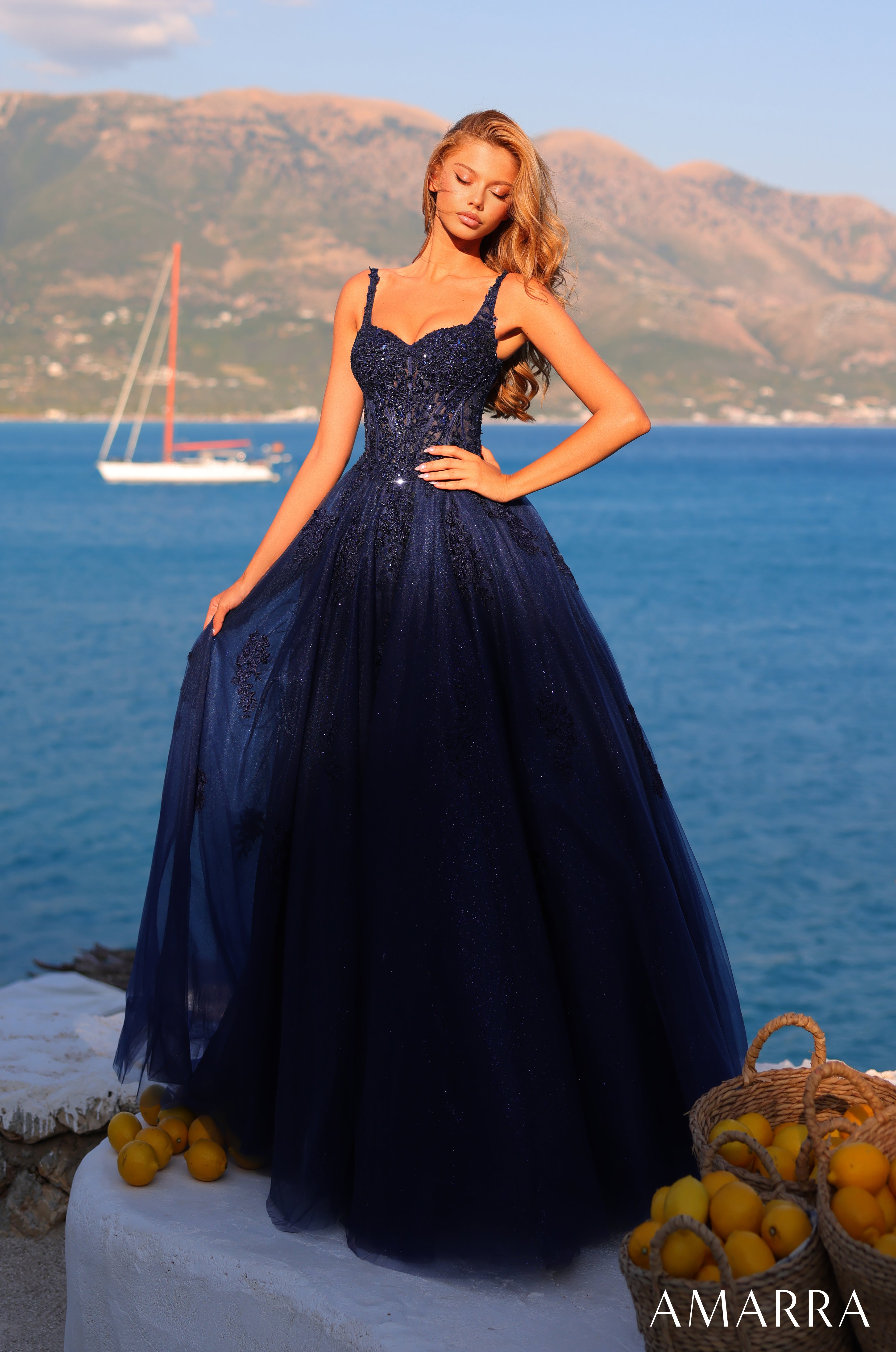 AMARRA 89429 – Satin Spaghetti Strap Draped Cowl Neck Open Back Fitted Floor-Length Evening Gown