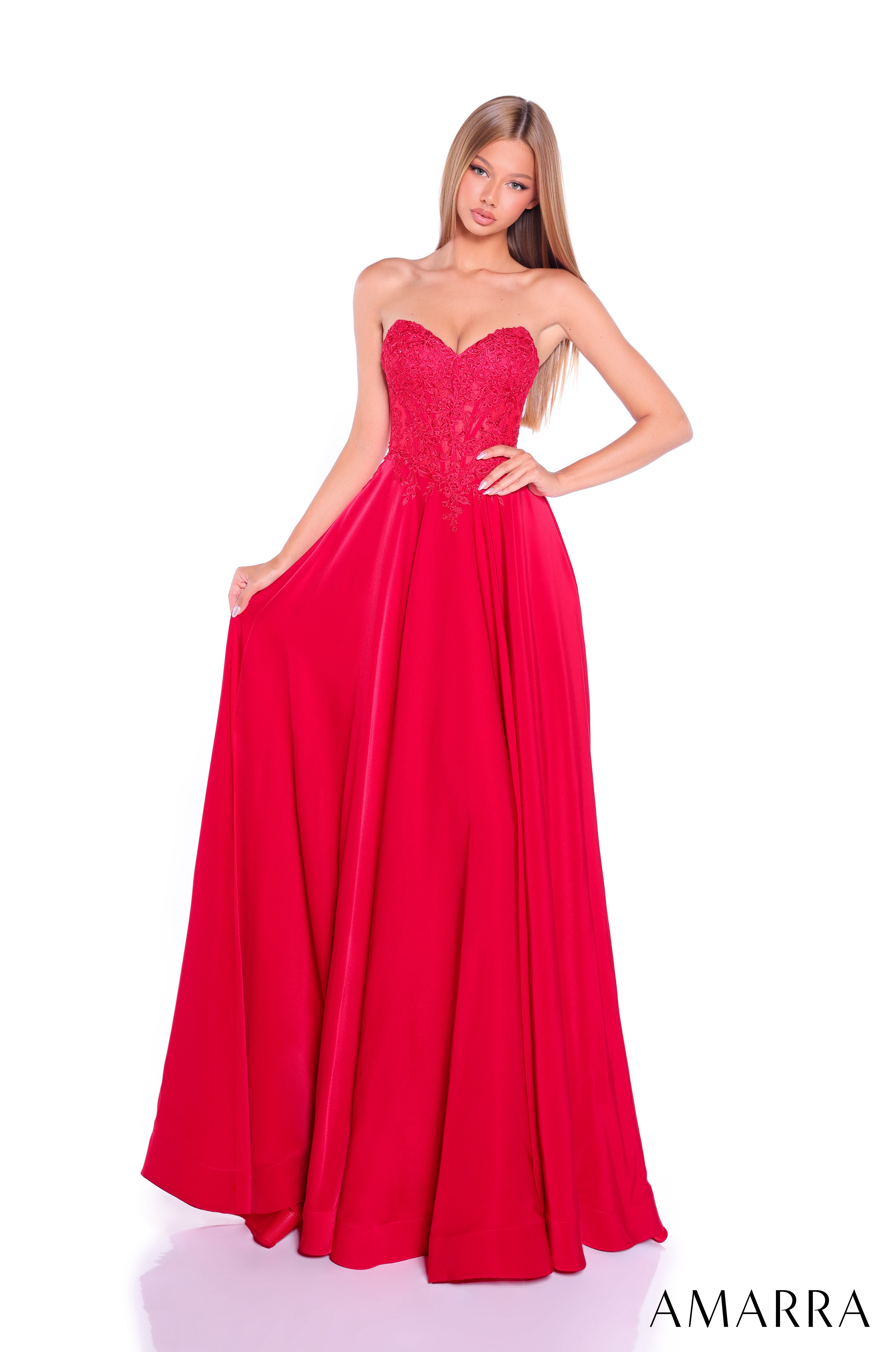 AMARRA 89433 – Velvet Off-Shoulder Straight Neck Open Back Fitted Floor-Length Evening Gown