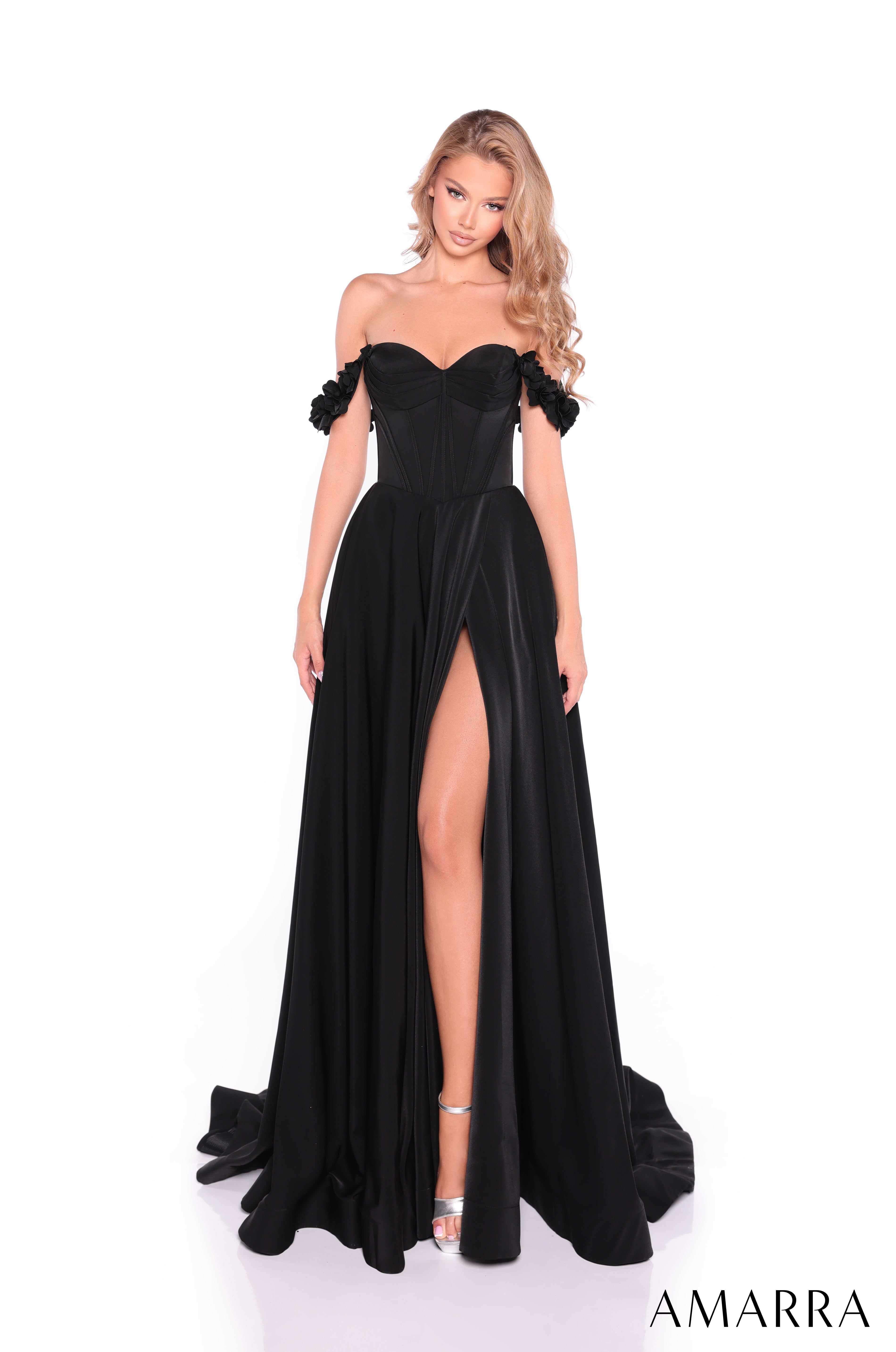 AMARRA 89441 – Sleeveless Sweetheart Satin A-Line Floor-Length Gown with Thigh-High Slit, Open Back & Pockets