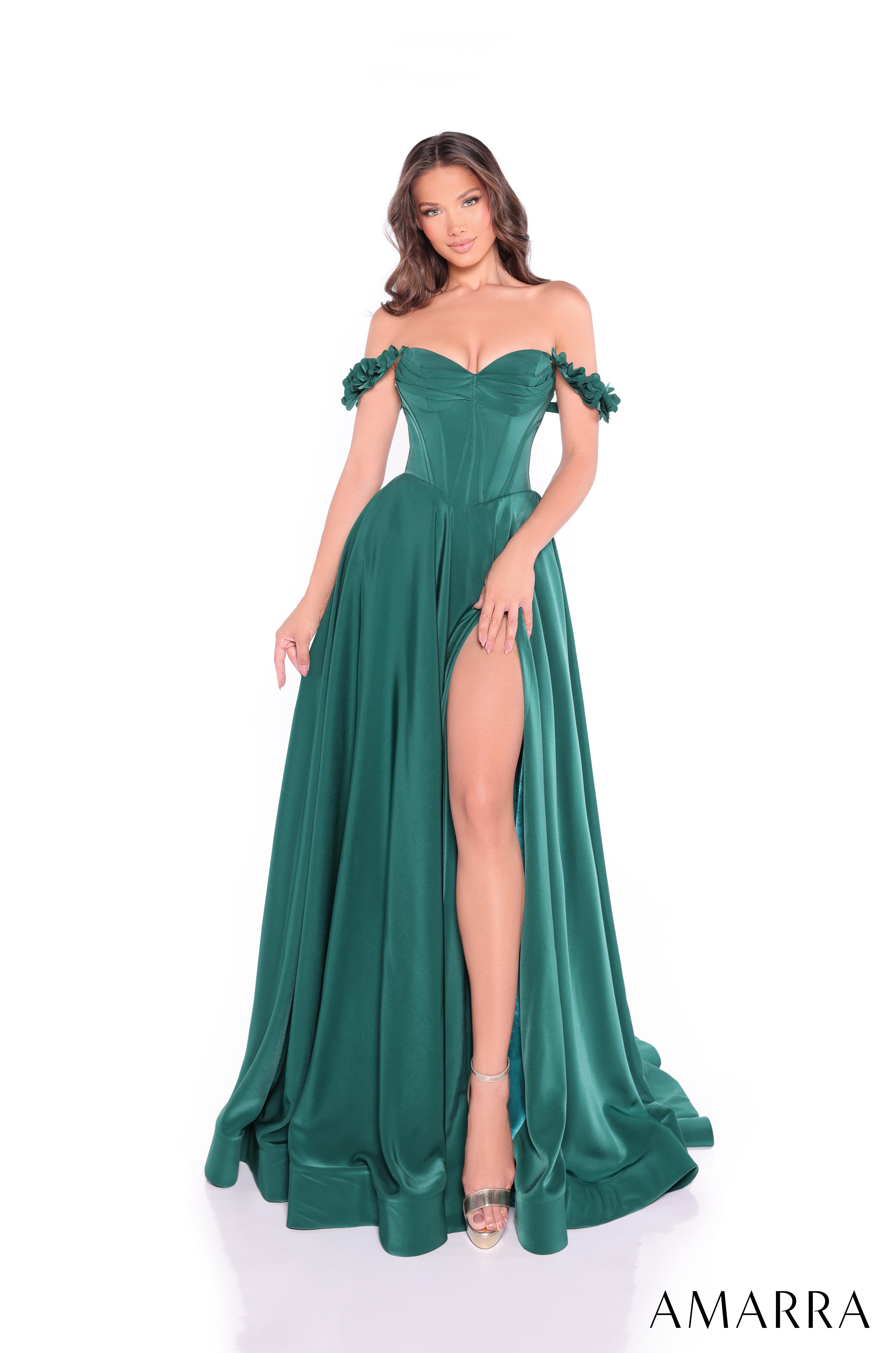 AMARRA 89441 – Sleeveless Sweetheart Satin A-Line Floor-Length Gown with Thigh-High Slit, Open Back & Pockets