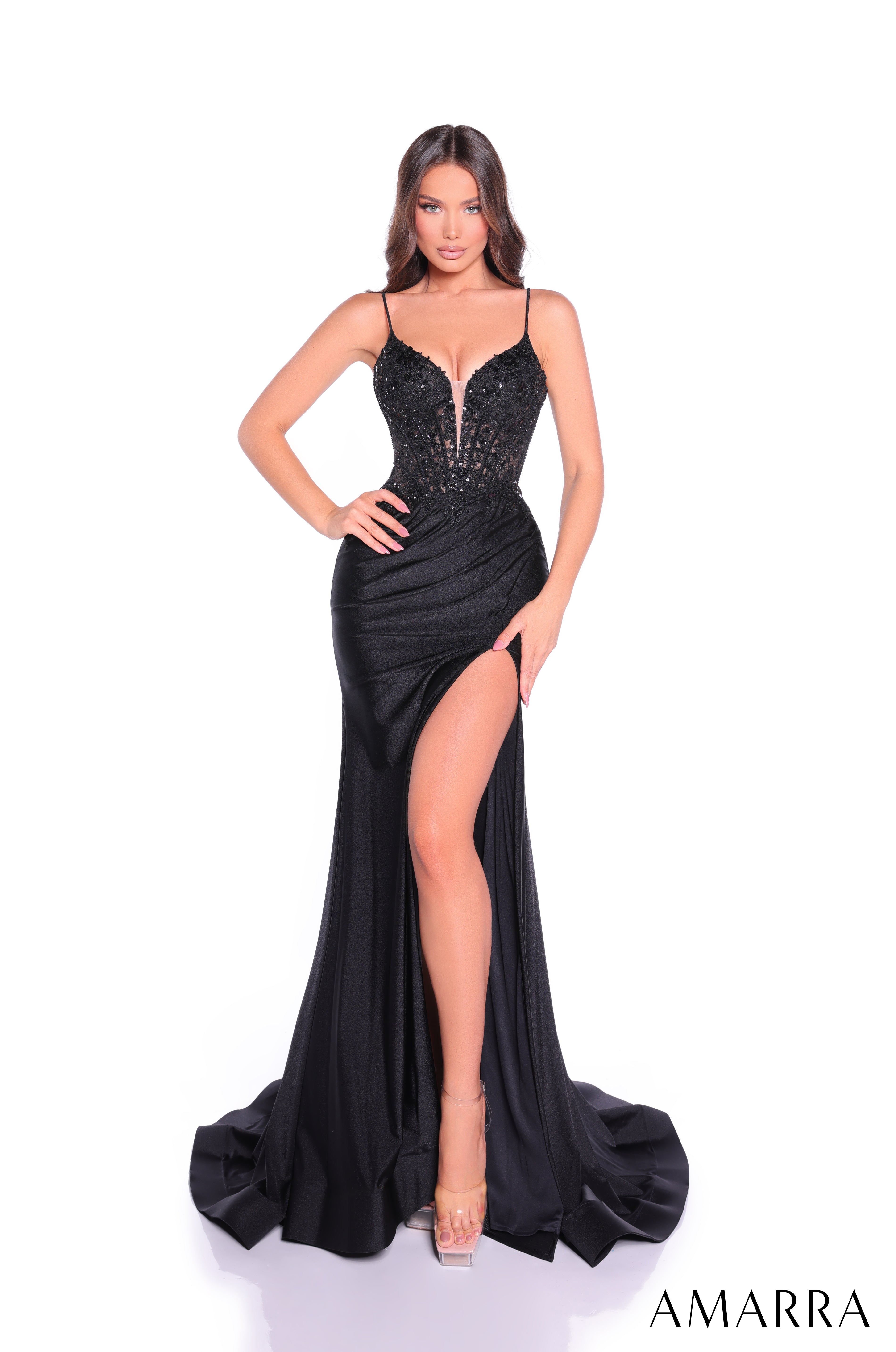 AMARRA 89447 – Spaghetti Strap Illusion Plunge V-Neck Floral Lace Bodice Satin Skirt Lace-Up Back Floor-Length Gown with High Slit