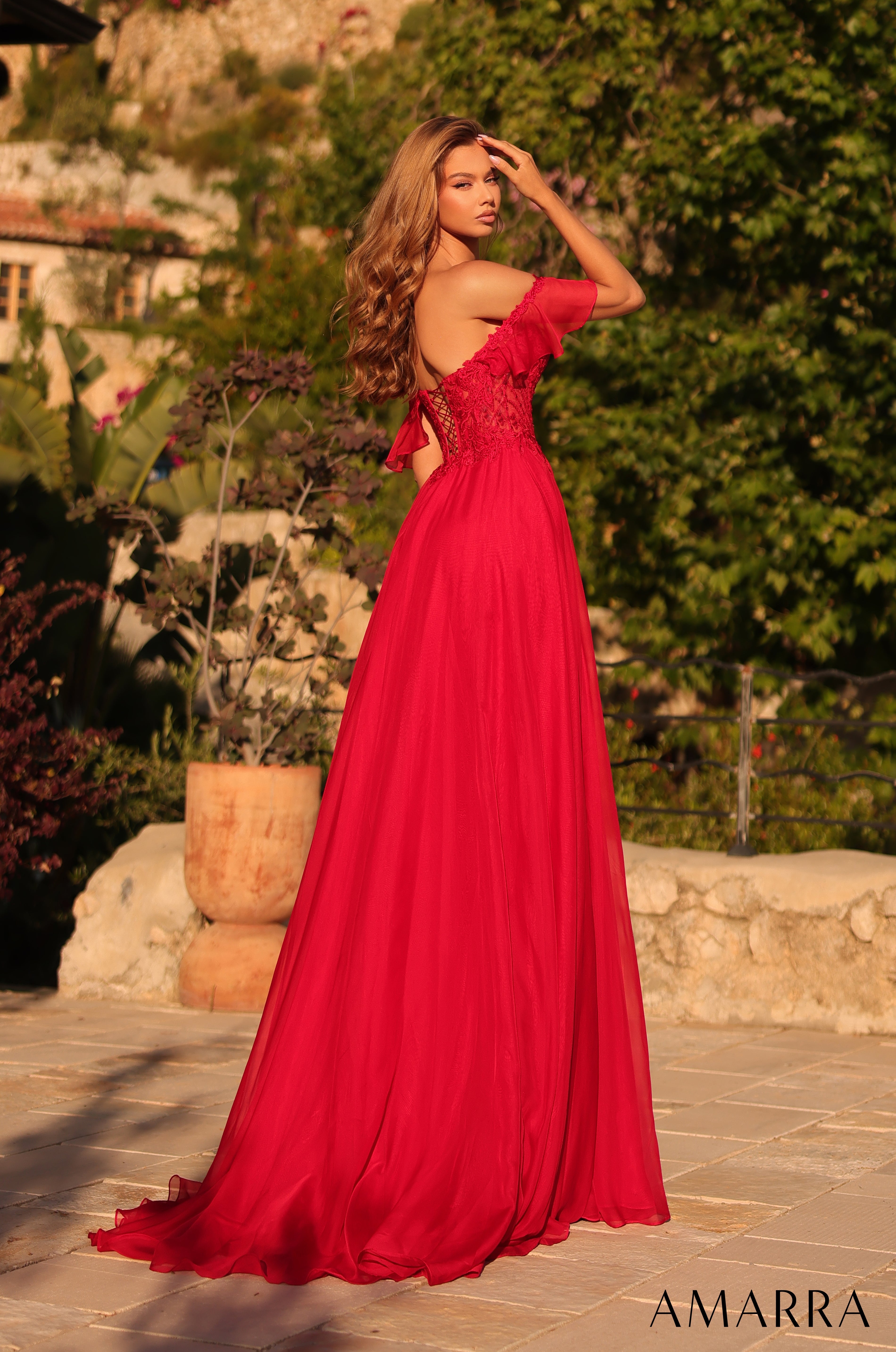 AMARRA 89481 – Off-the-Shoulder Flutter Sleeve Lace Bodice A-Line Chiffon Floor-Length Gown with Front Slit