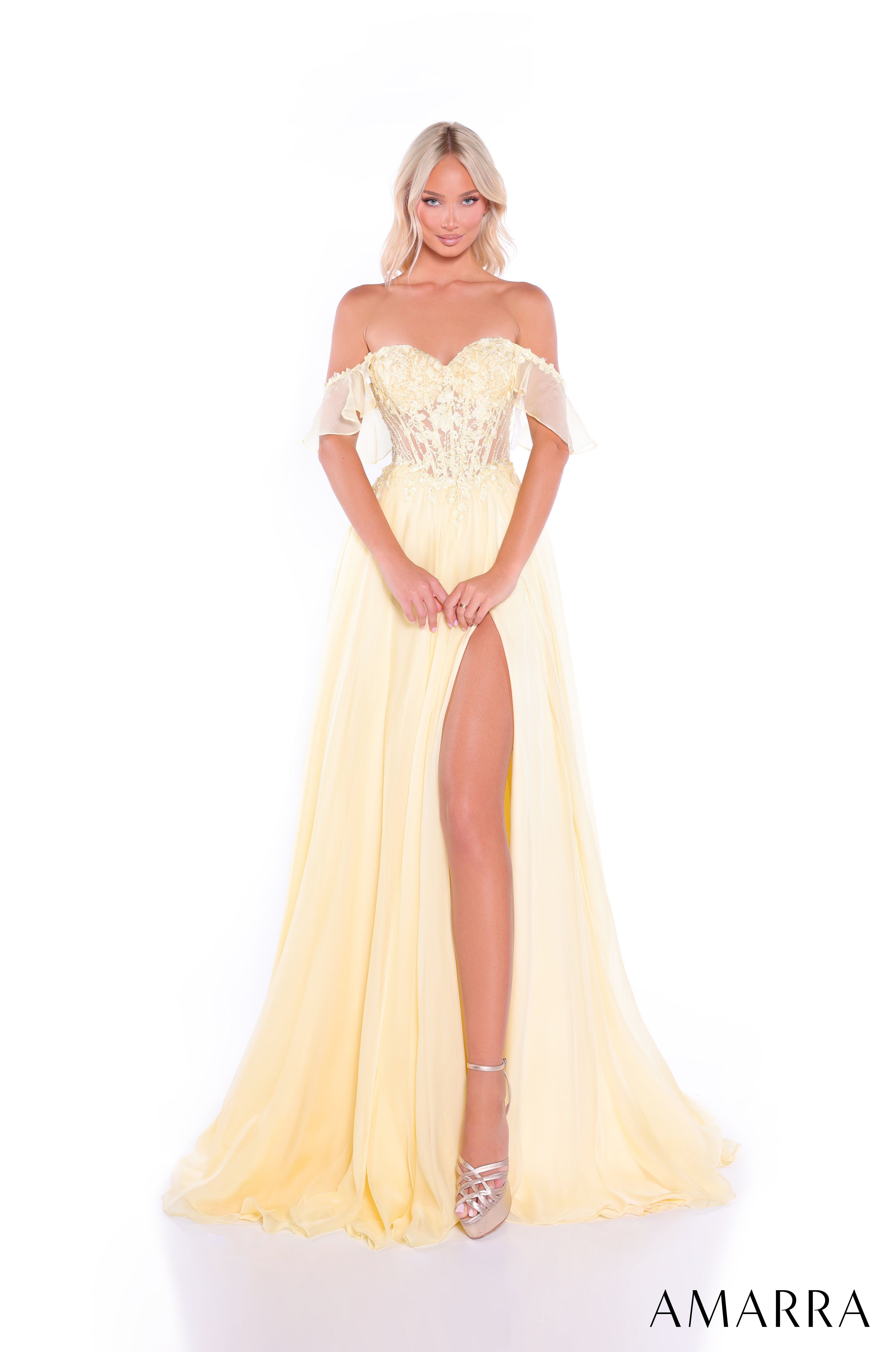 AMARRA 89481 – Off-the-Shoulder Flutter Sleeve Lace Bodice A-Line Chiffon Floor-Length Gown with Front Slit