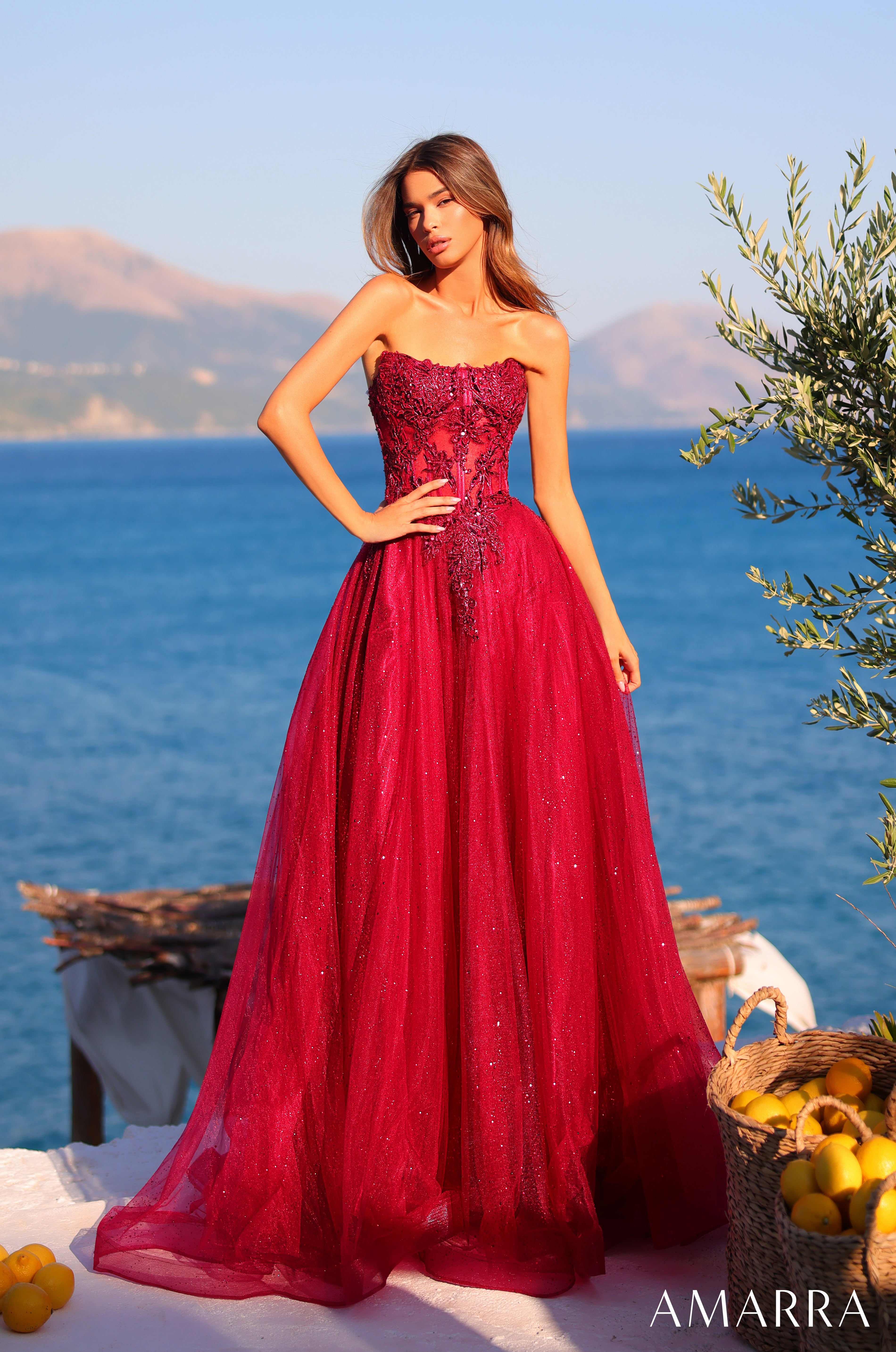 AMARRA 89486 – Strapless Sweetheart Lace Appliqué Corset Back Full Tulle Ball Gown