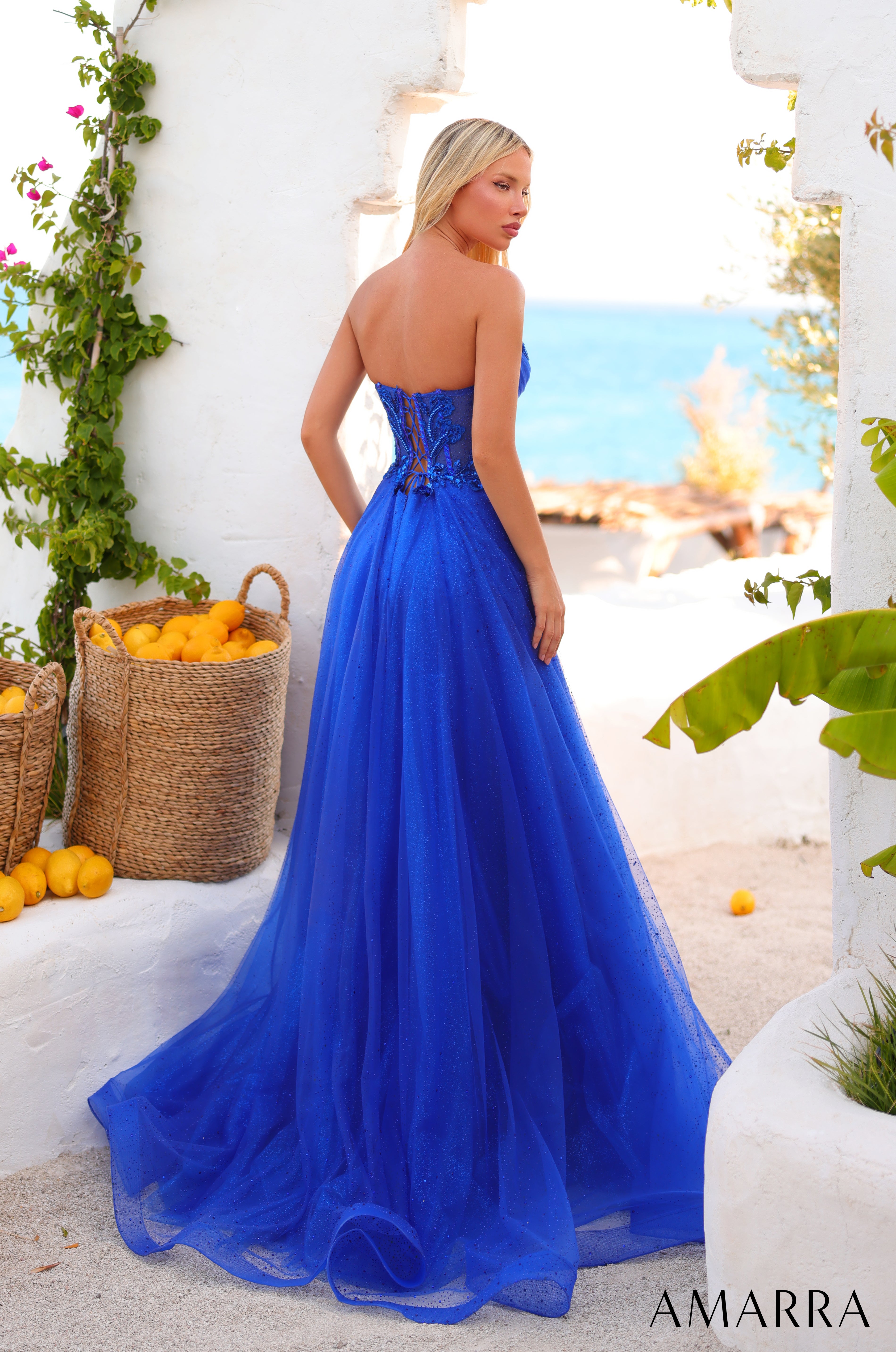 AMARRA 89488 – Sleeveless Sweetheart Fitted Satin Floor-Length Gown with High Slit & Lace-Up Back
