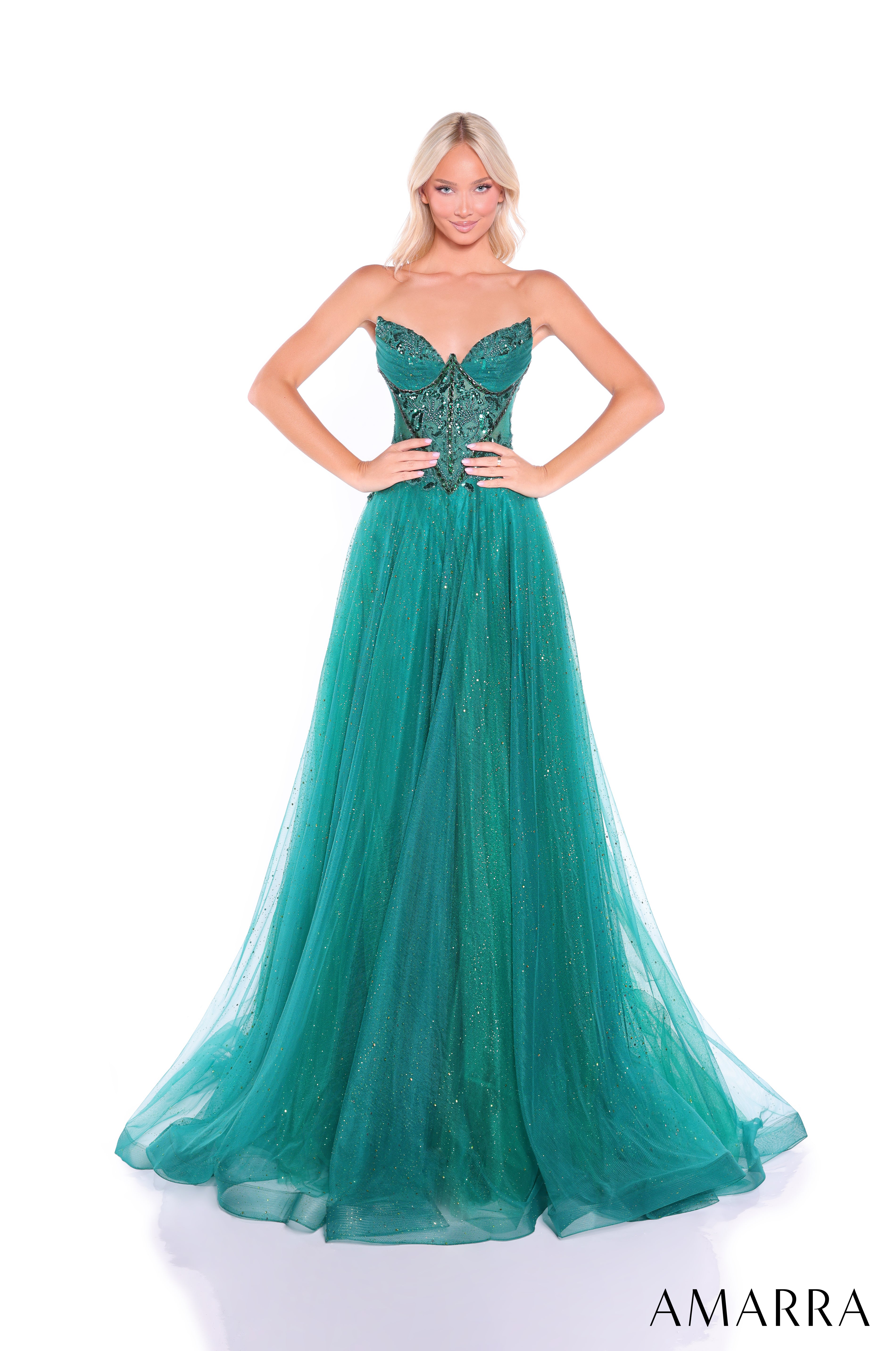 AMARRA 89488 – Sleeveless Sweetheart Fitted Satin Floor-Length Gown with High Slit & Lace-Up Back