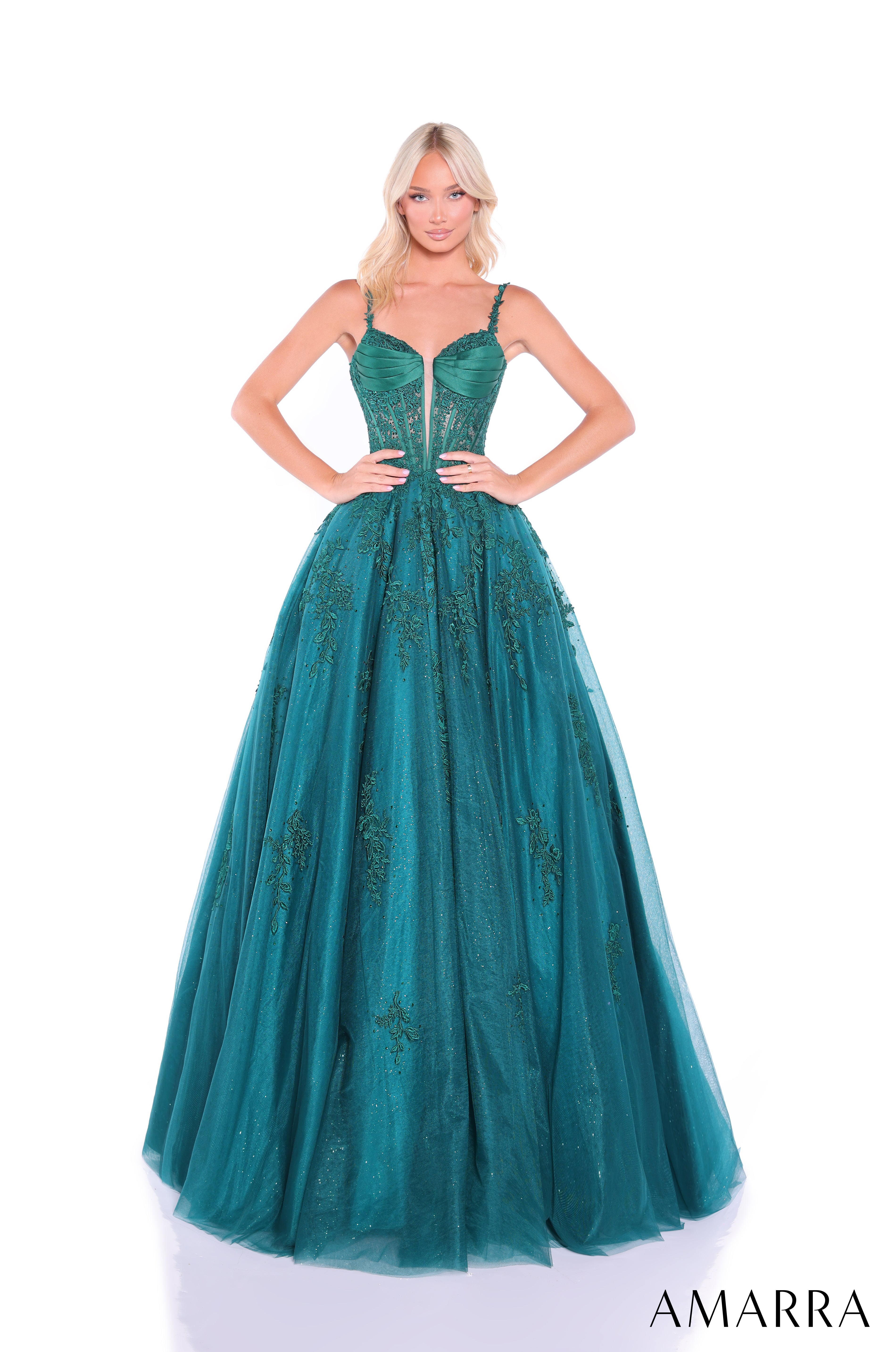 AMARRA 89493 – Sleeveless Plunging V-Neck Velvet Open Back Fitted Floor-Length Gown with Thigh-High Slit