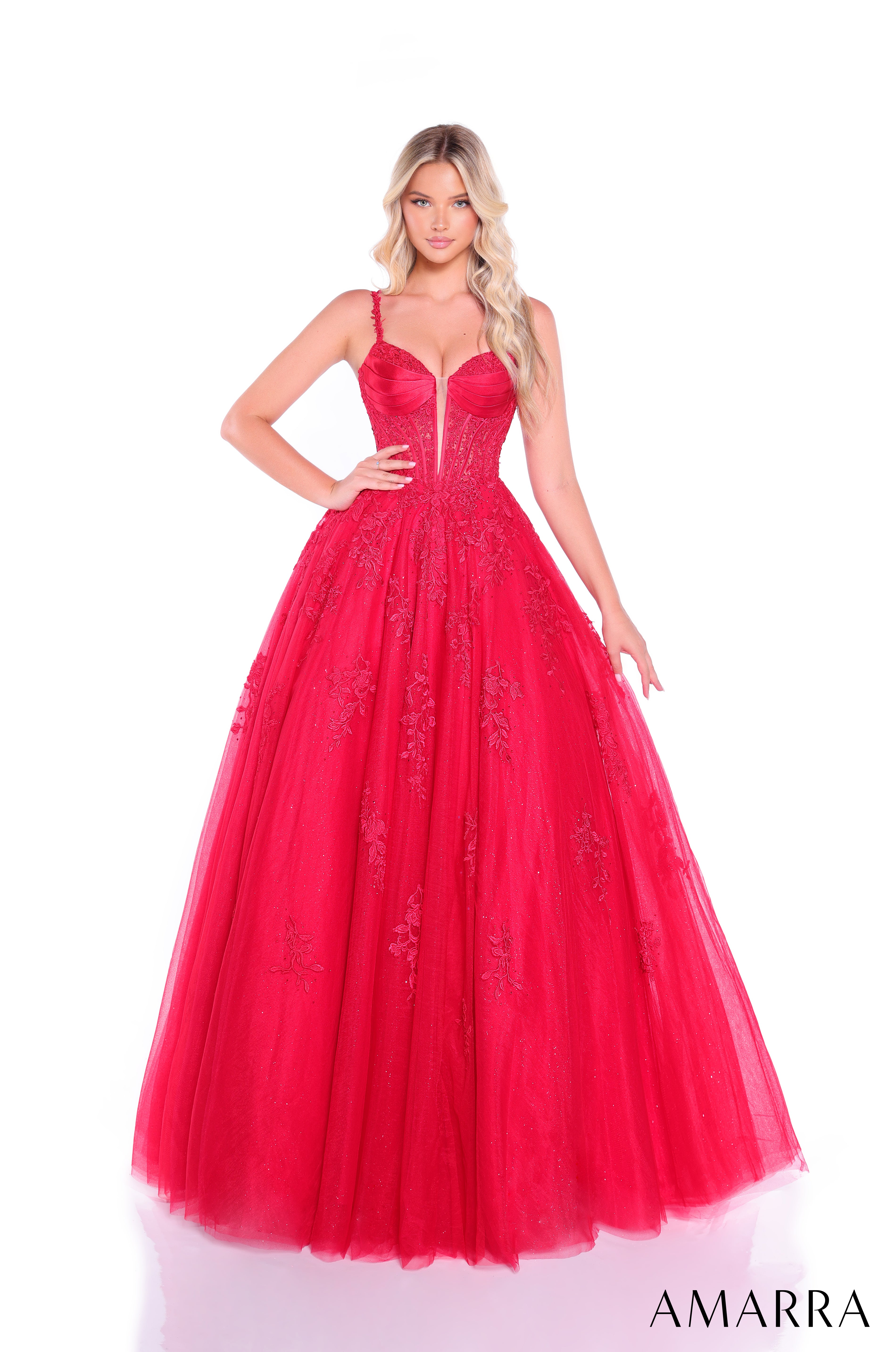 AMARRA 89493 – Sleeveless Plunging V-Neck Velvet Open Back Fitted Floor-Length Gown with Thigh-High Slit