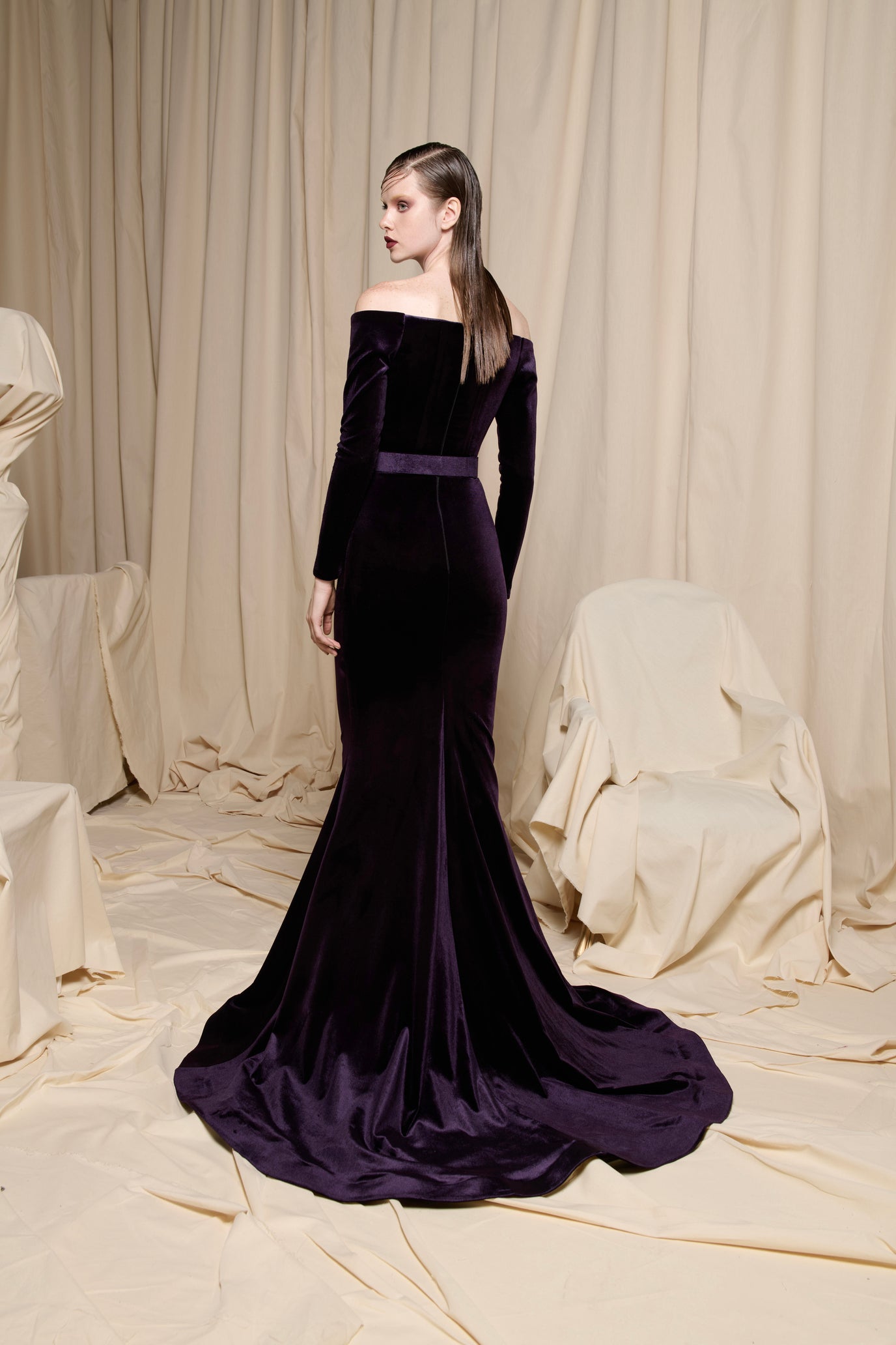 Amethyst Velvet Off-Shoulder Gown with Sculptural Petal Accent - N0698