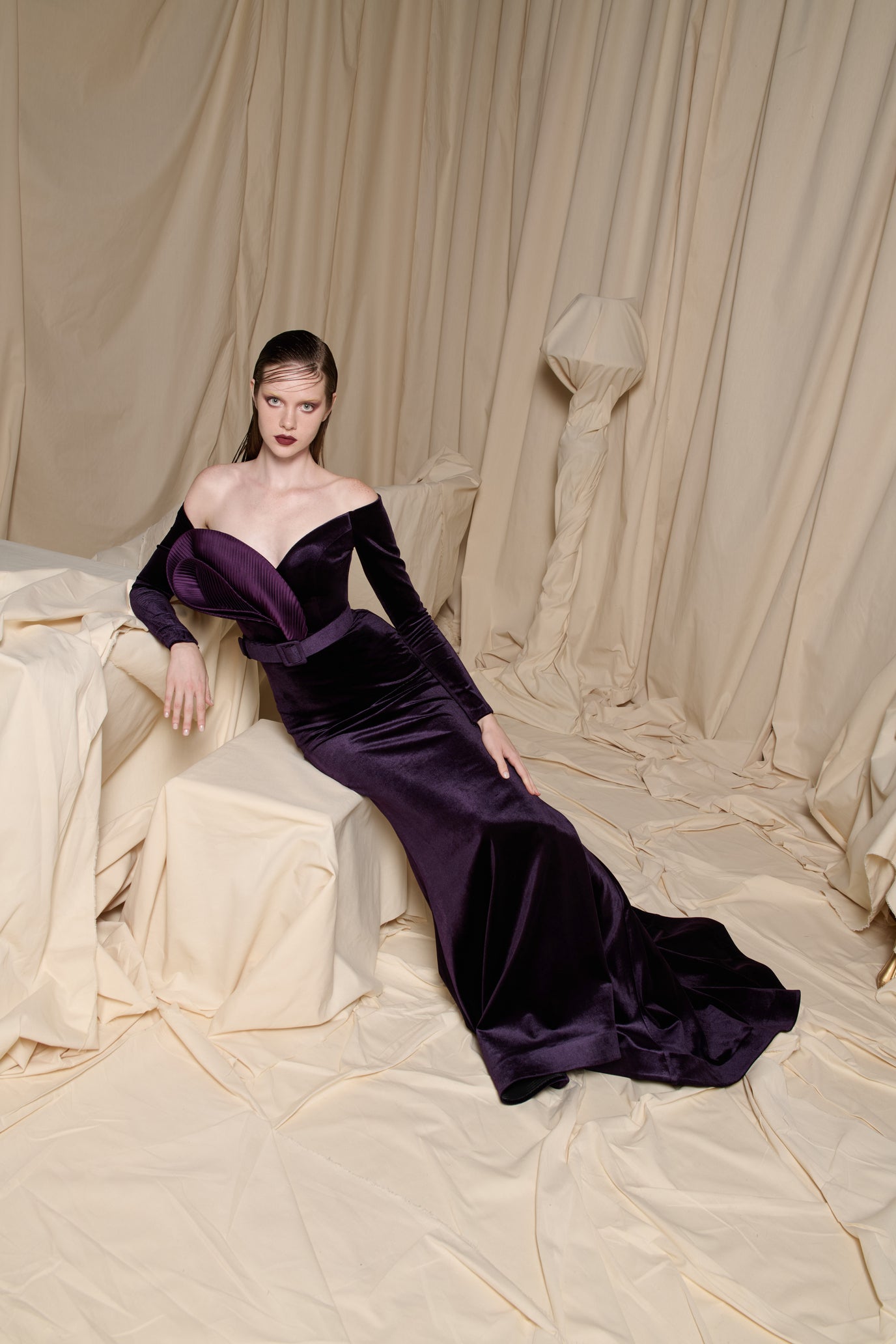 Amethyst Velvet Off-Shoulder Gown with Sculptural Petal Accent - N0698