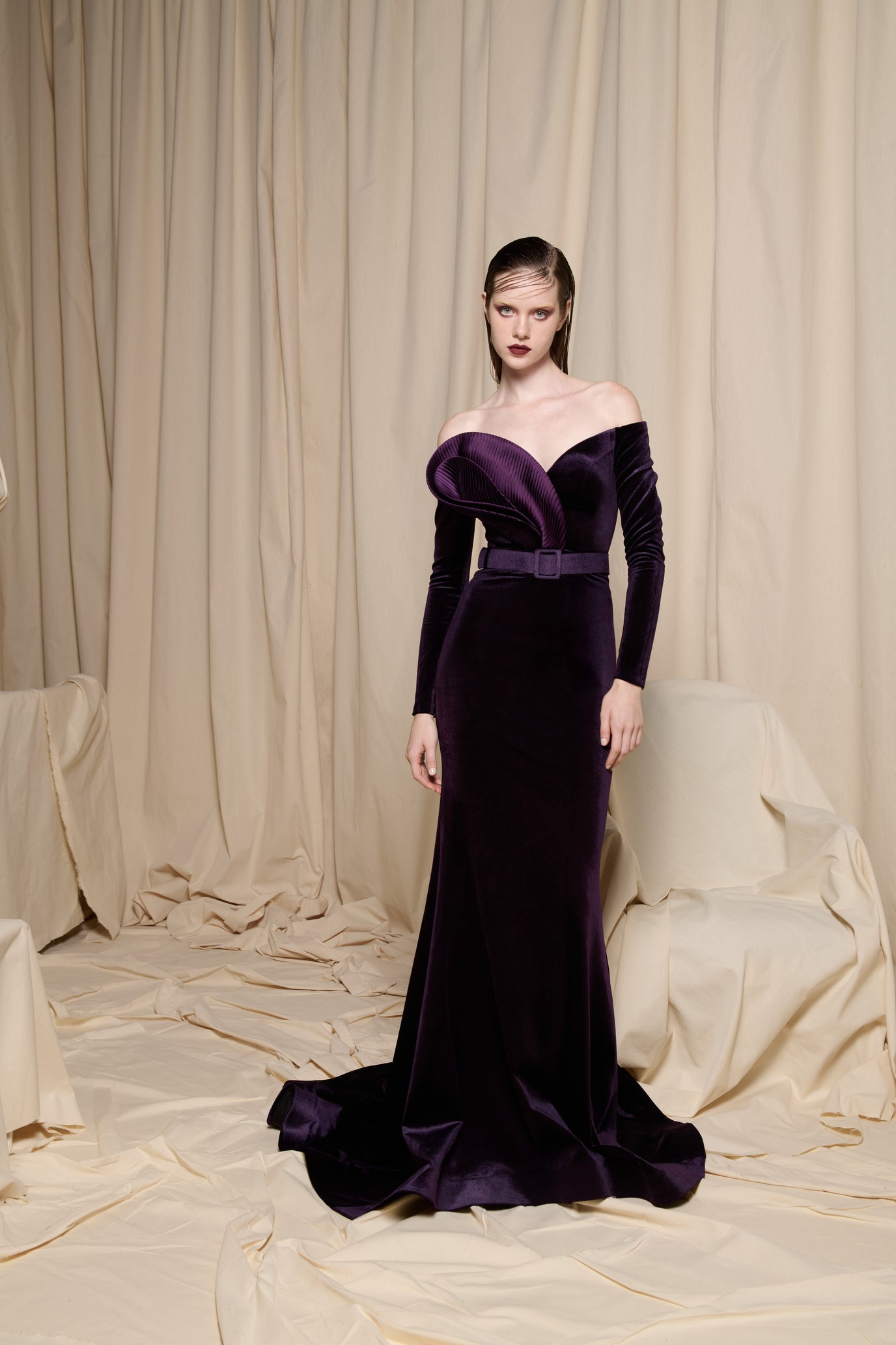Amethyst Velvet Off-Shoulder Gown with Sculptural Petal Accent